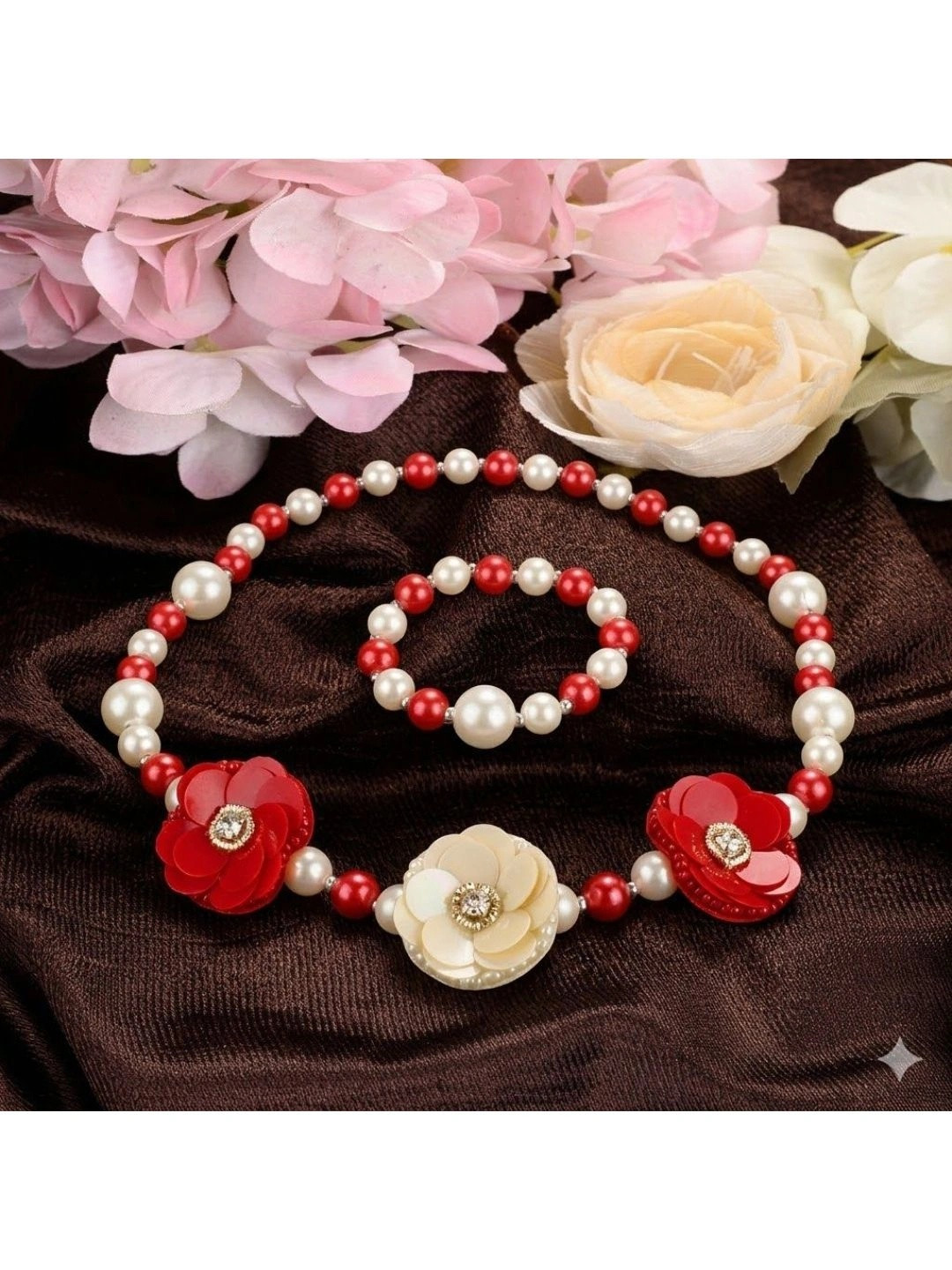 Daizy Girls Pearls-Beaded Floral Necklace With Bracelet