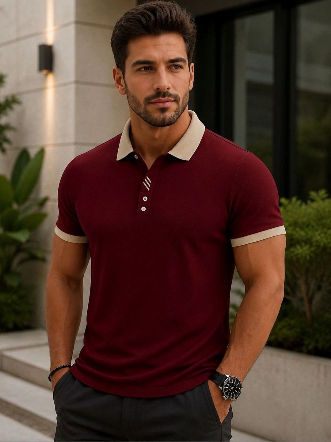 HERE&NOW Men Polo Collar Pockets T-shirt