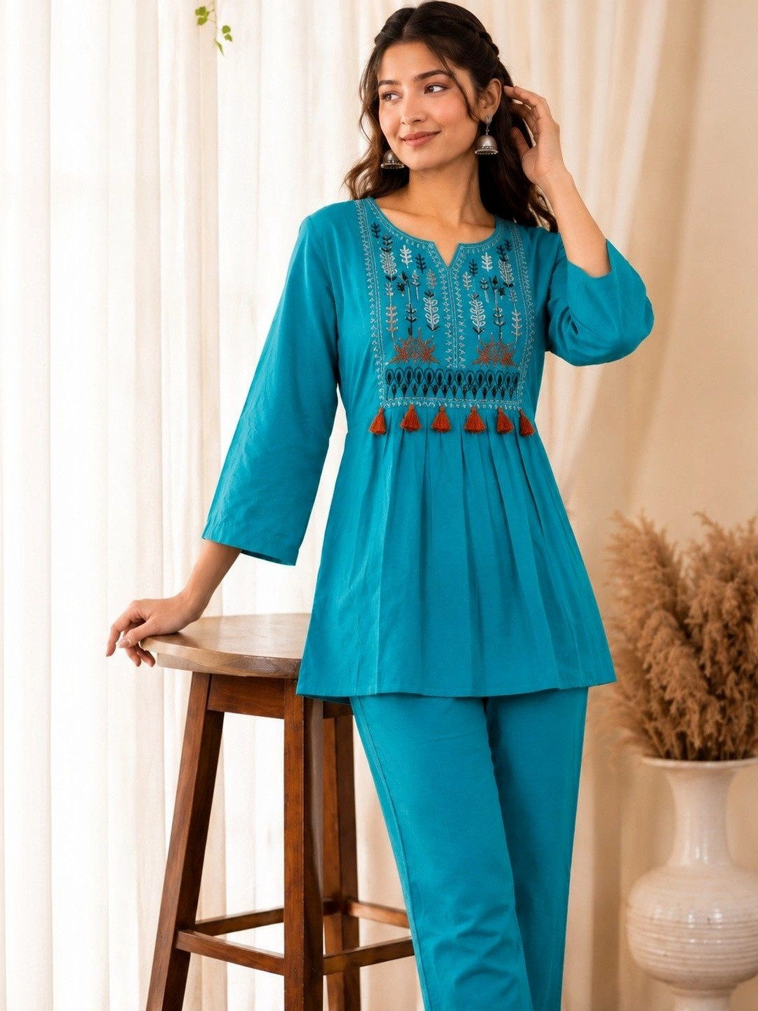 AADIVAA Women Ethnic Motifs Embroidered Regular Thread Work Pure Cotton Kurti with Trousers