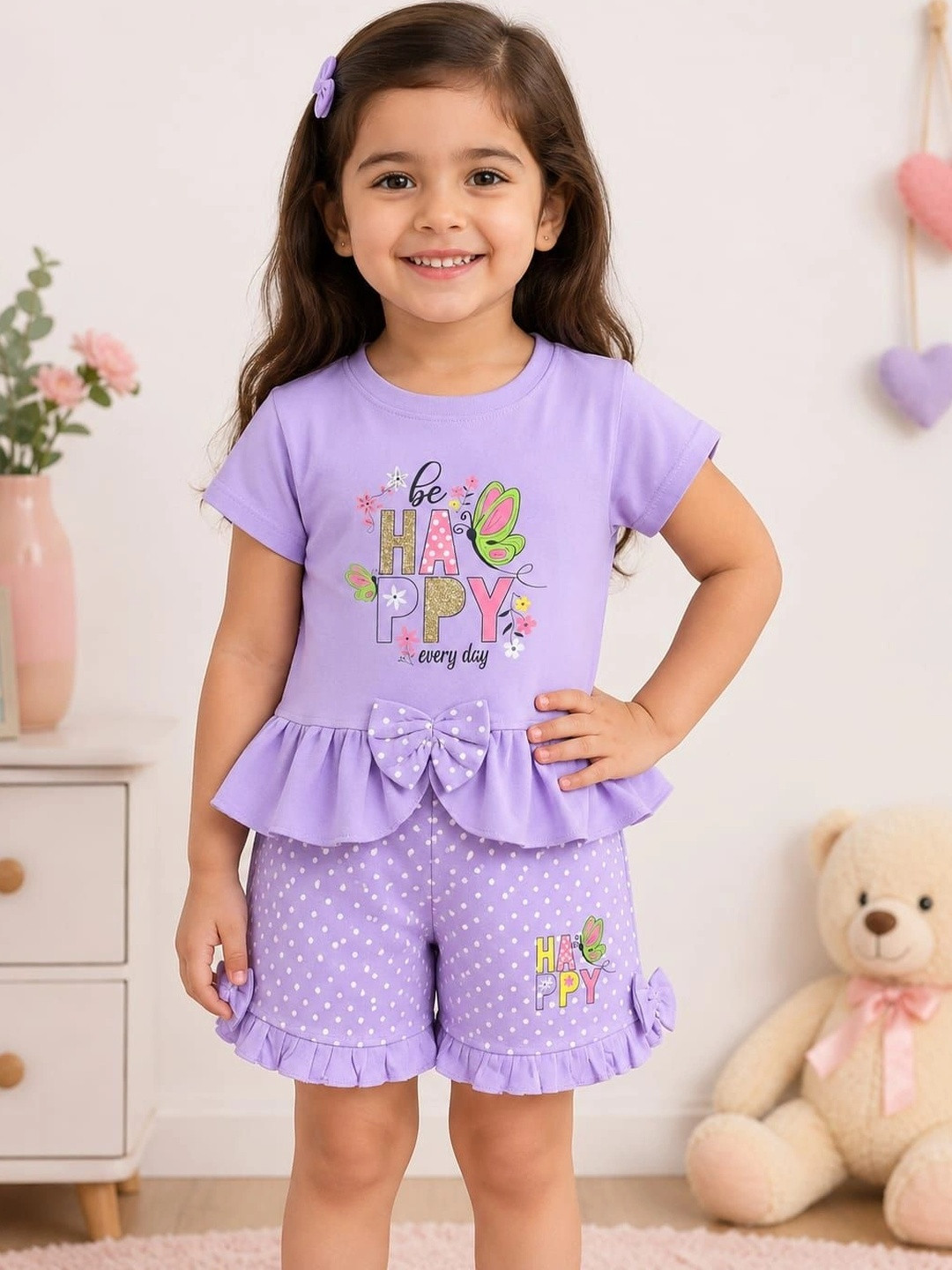 CERABI Girls Printed Pure Cotton T-Shirt With Shorts