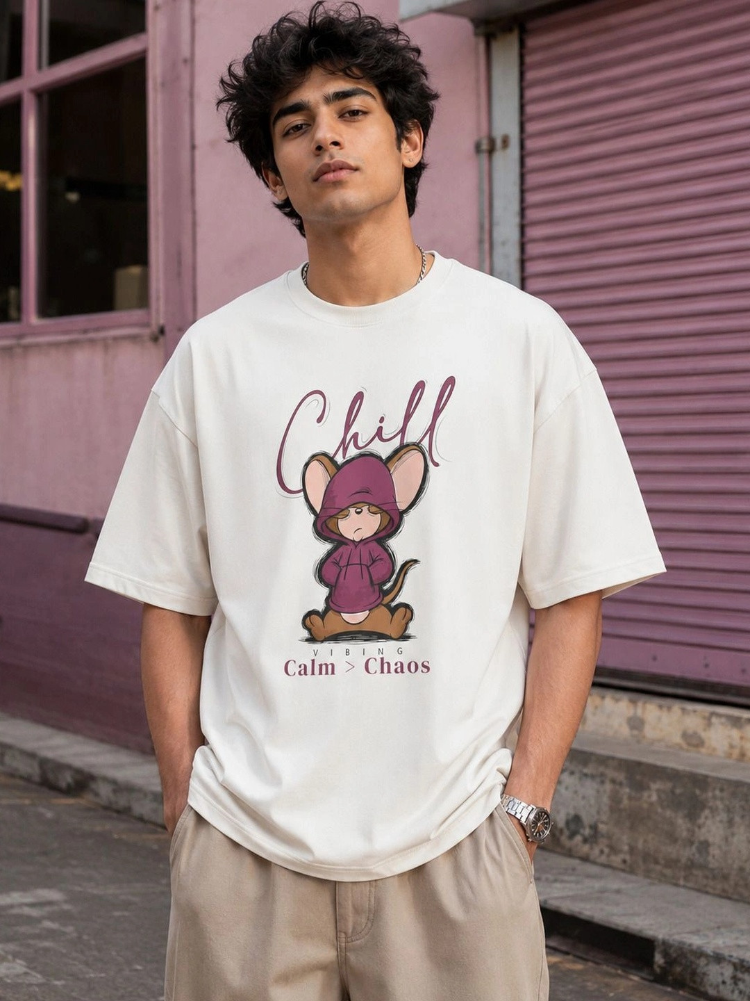 Warrior World Men Oversized Off White Graphic Printed Cotton T-shirt