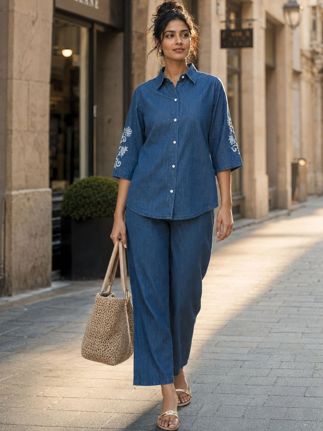 Highgarden Women Pure Cotton Denim Wash Floral Embroidered Co-Ords