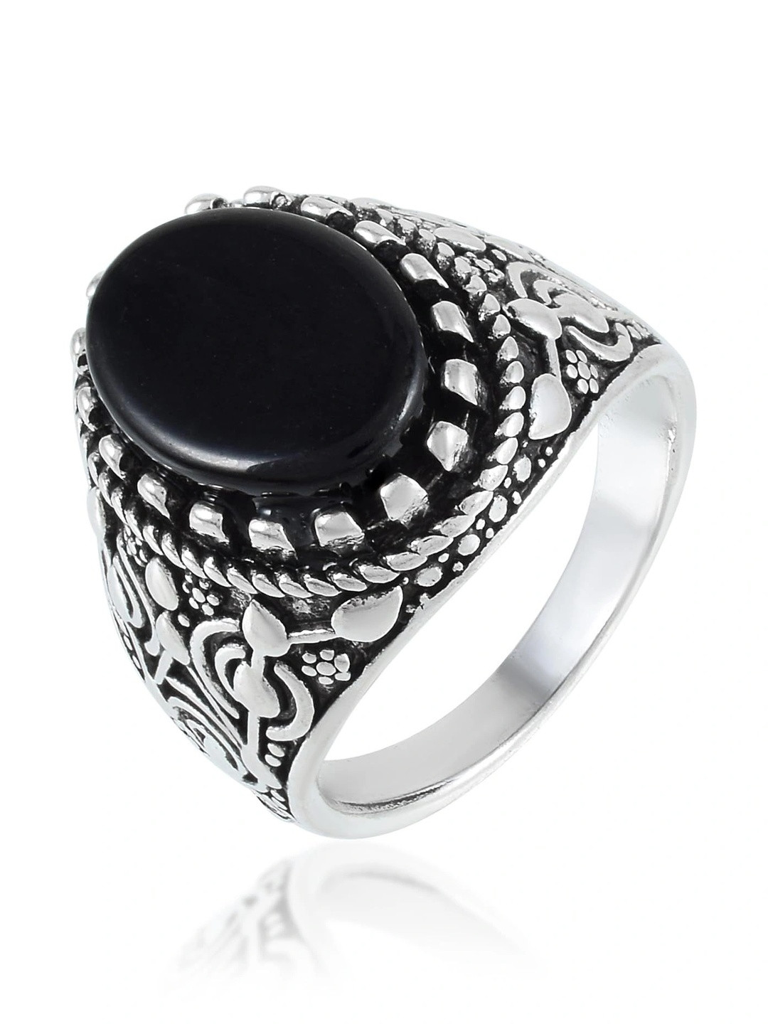 DZINETRENDZ Men Brass-Plated Oxidised Onyx Finger Ring