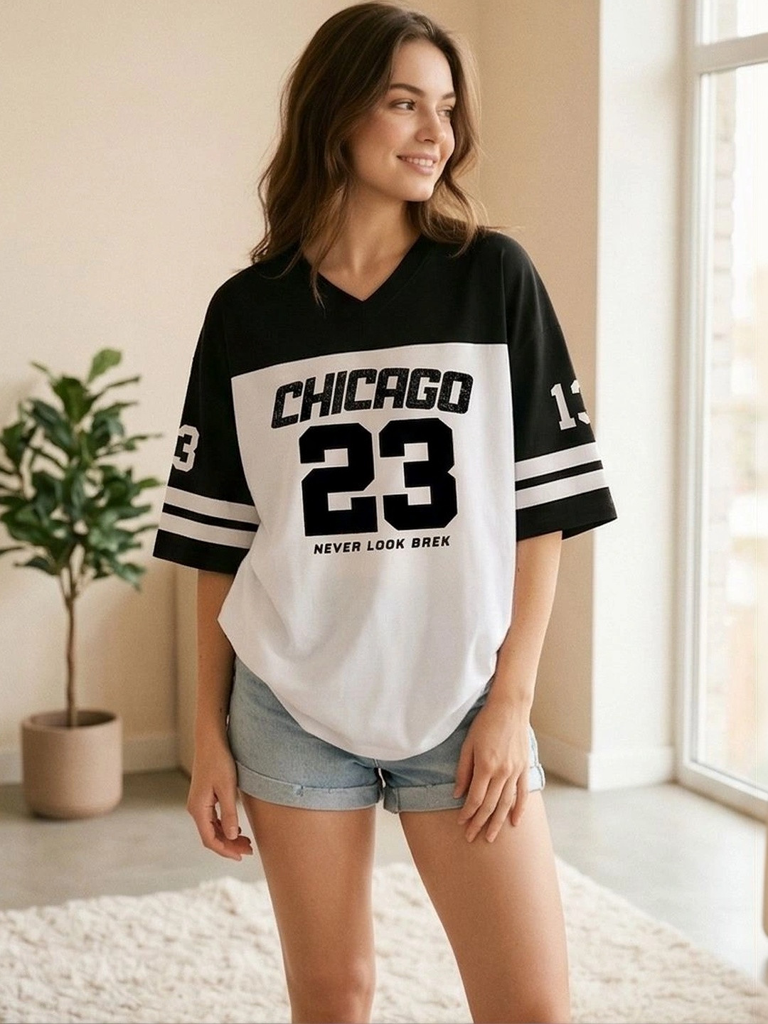Bounce Back Apparels Women Typography Colourblocked V-Neck T-shirt