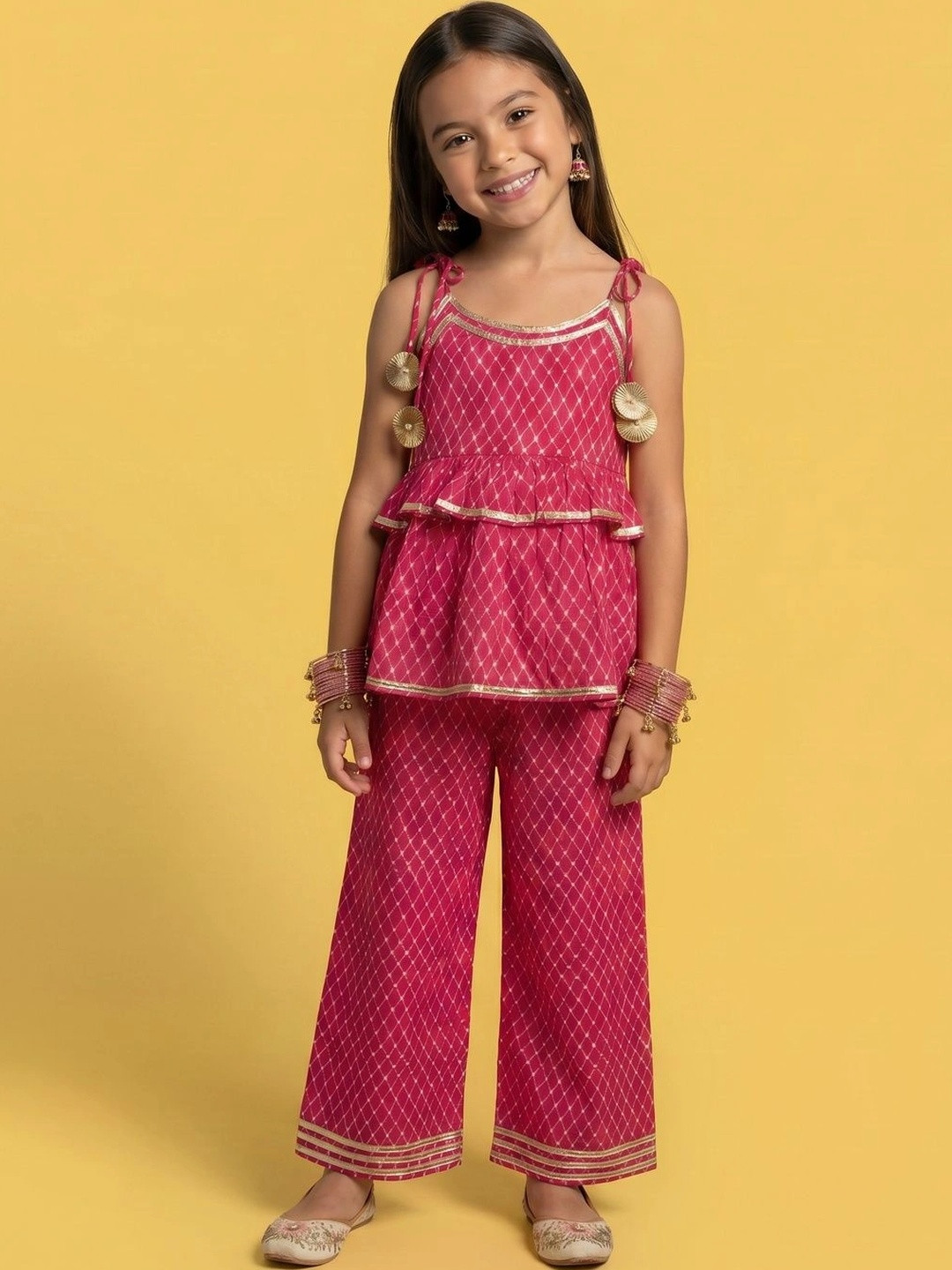 Nauti Nati Girls Layered Ethnic Cotton Top With Pants
