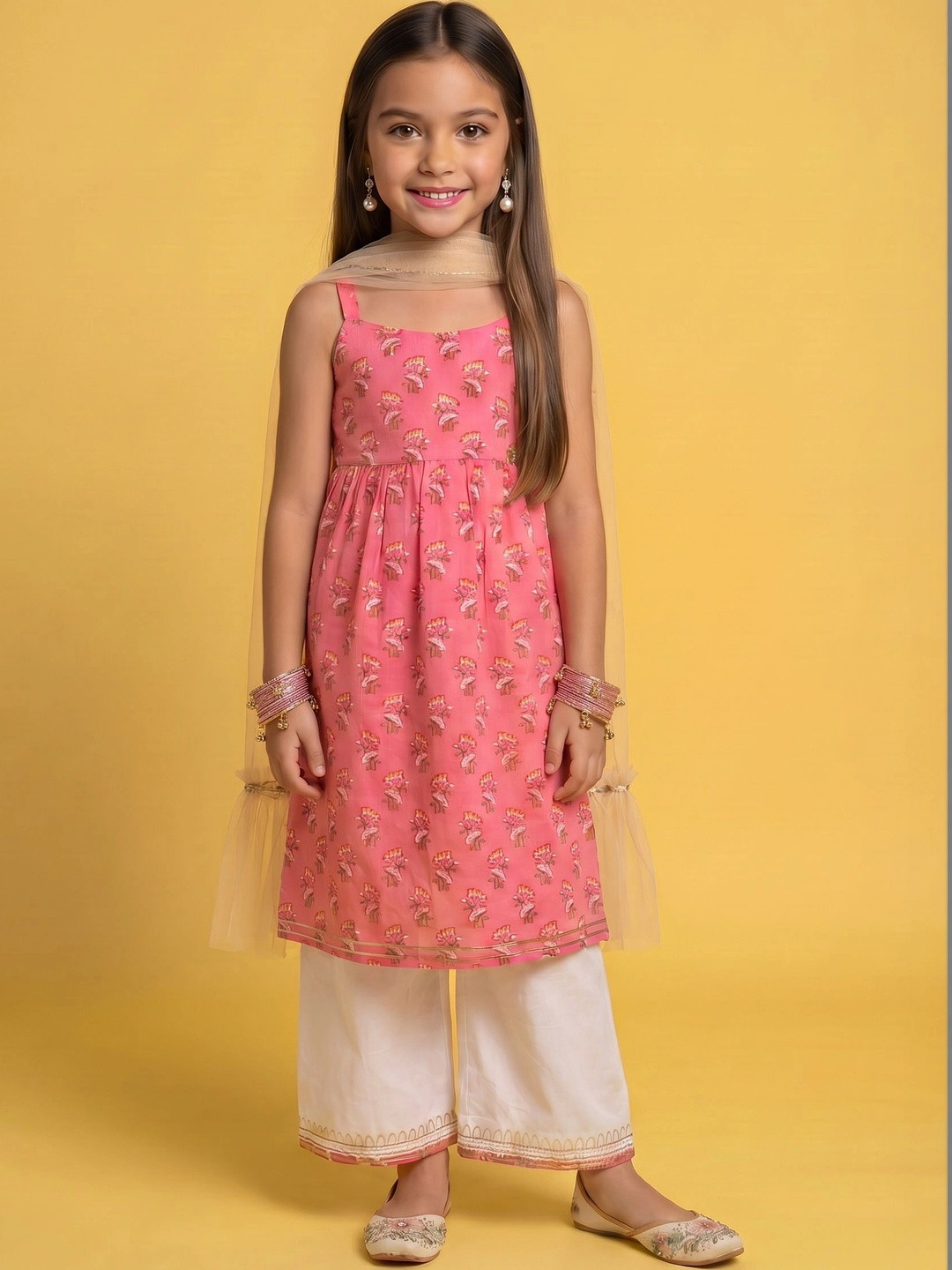 Nauti Nati Girls Floral Printed Pure Cotton A-Line Kurta with Palazzos & Dupatta Set