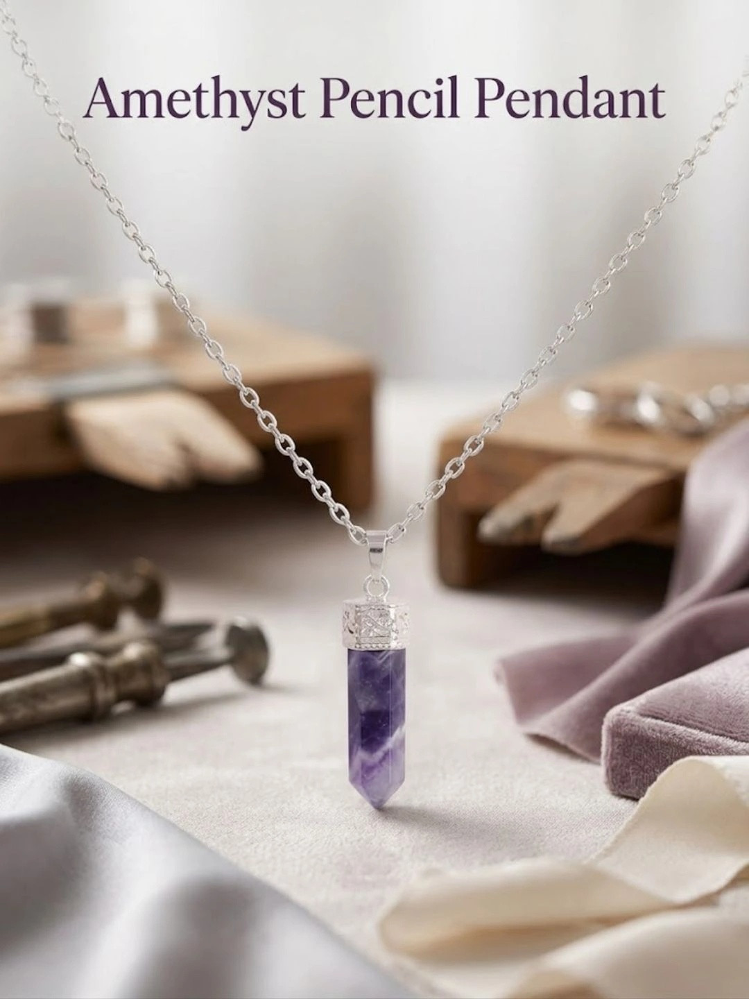 Shubhanjali Unisex Silver-Plated Amethyst Pencil Pendant