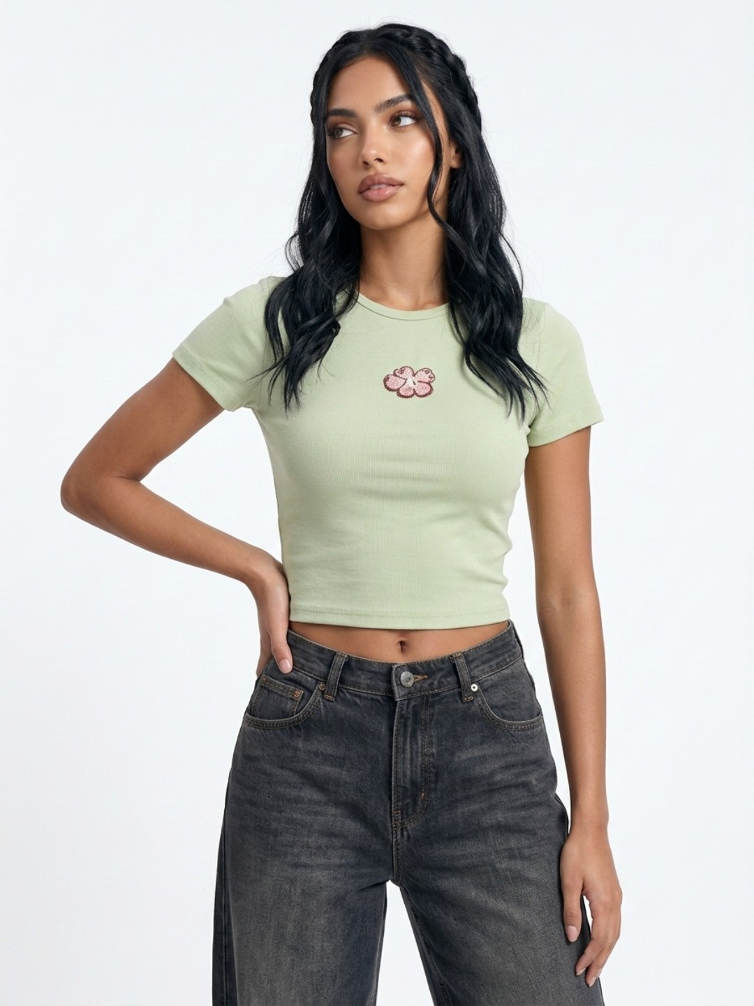 glitchez Pure Cotton Beaded Embroidery Slim Fit T-shirt