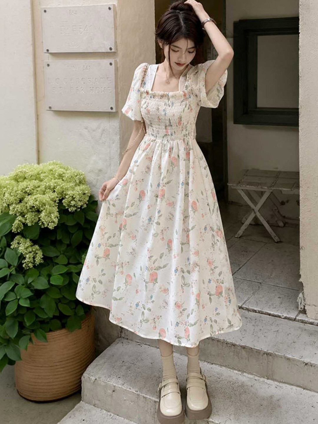 Suo Floral Print Puff Sleeve Fit & Flare Midi Dress