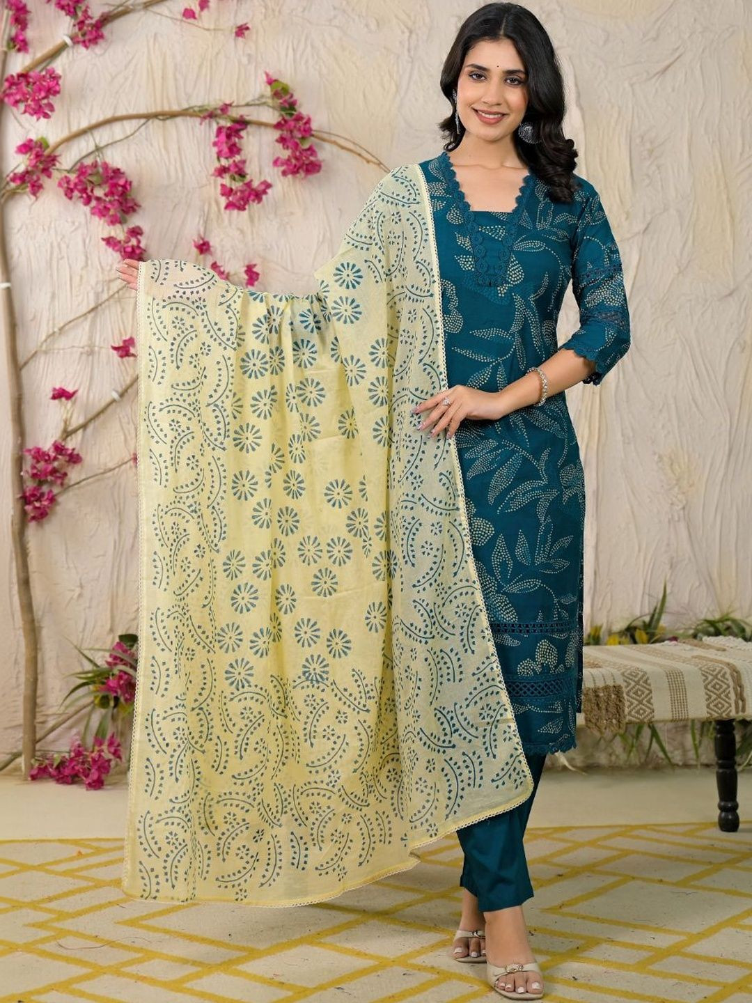 RiRi Women Ethnic Motifs Printed Regular Thread Work Pure Cotton Kurta with Trousers & With Dupatta