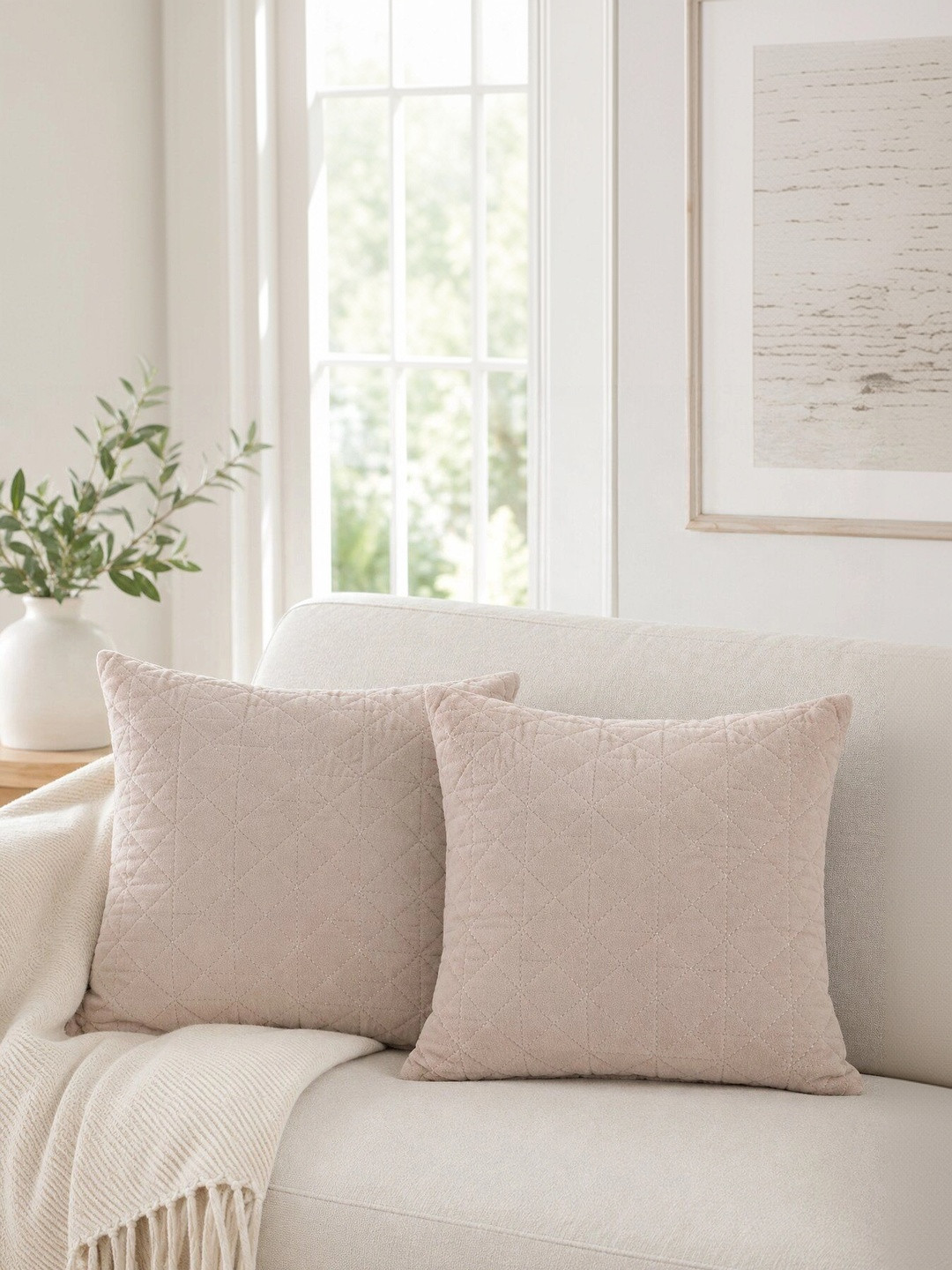eyda Quilted Grey Velvet Durable 2 Pcs Embellished Square Cushion Covers - 18 x 18 In