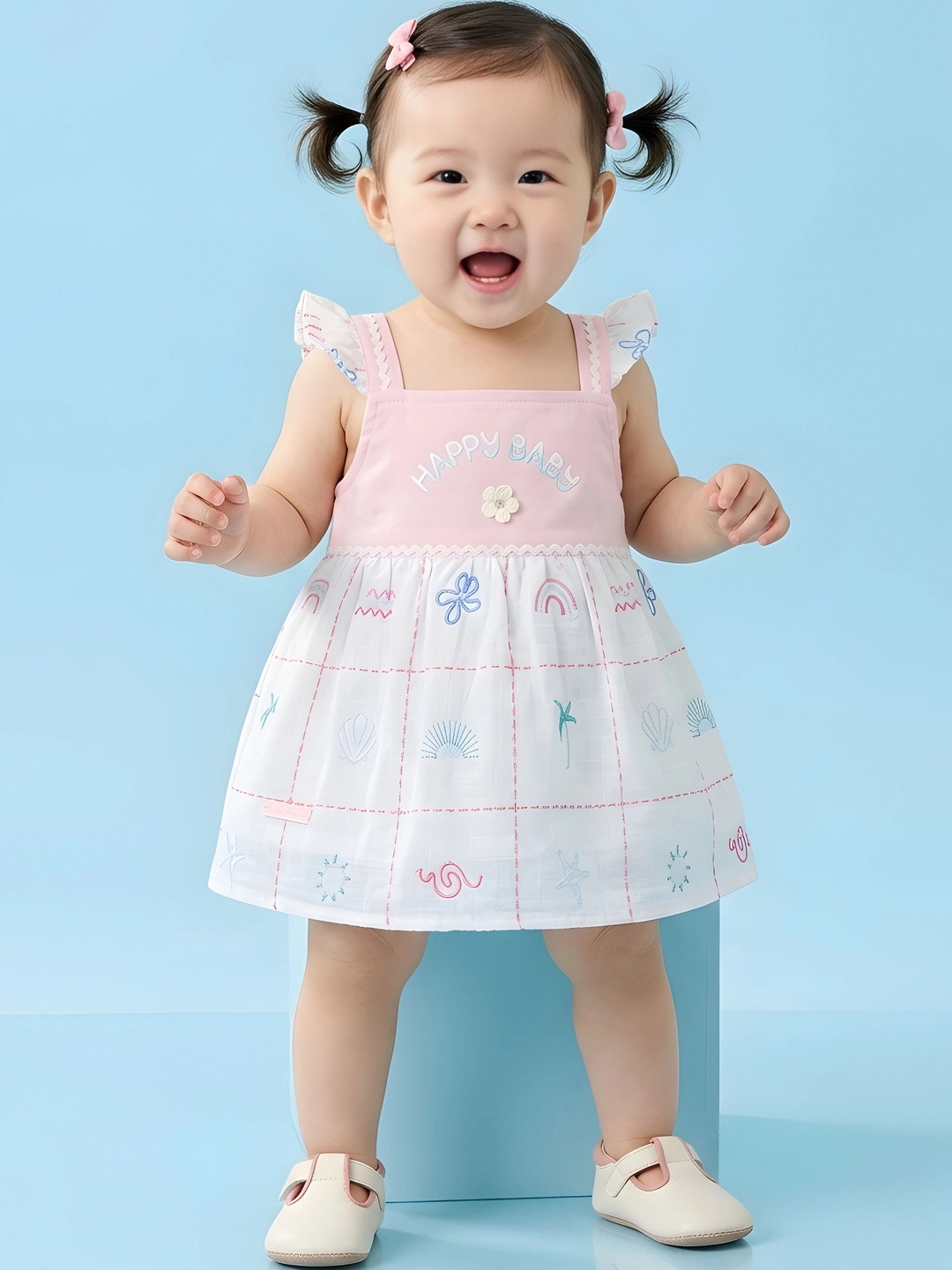 Babys Day Embroidered Flutter Sleeve A-Line Dress