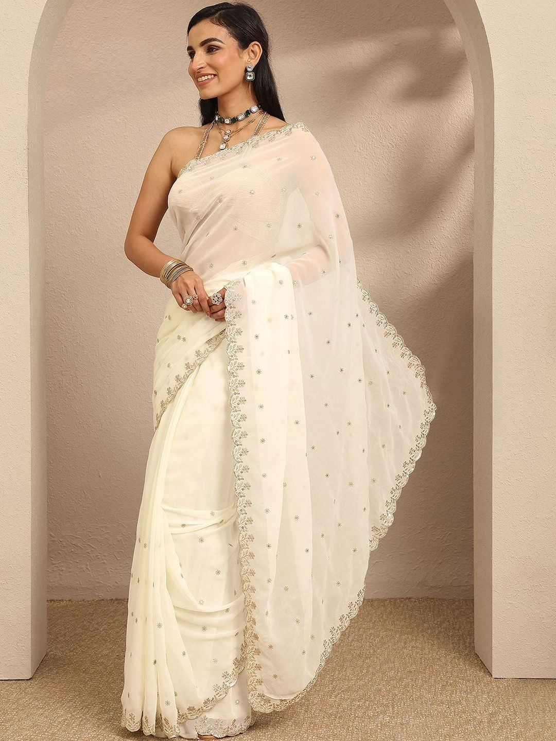 Libas Cream Embroidered Georgette Saree With Unstitched Blouse Piece