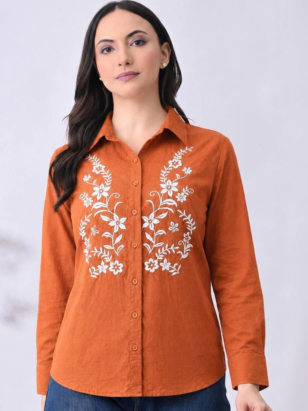 BEVOLKEN Women Rust Orange White Floral Embroidered Cotton Shirt