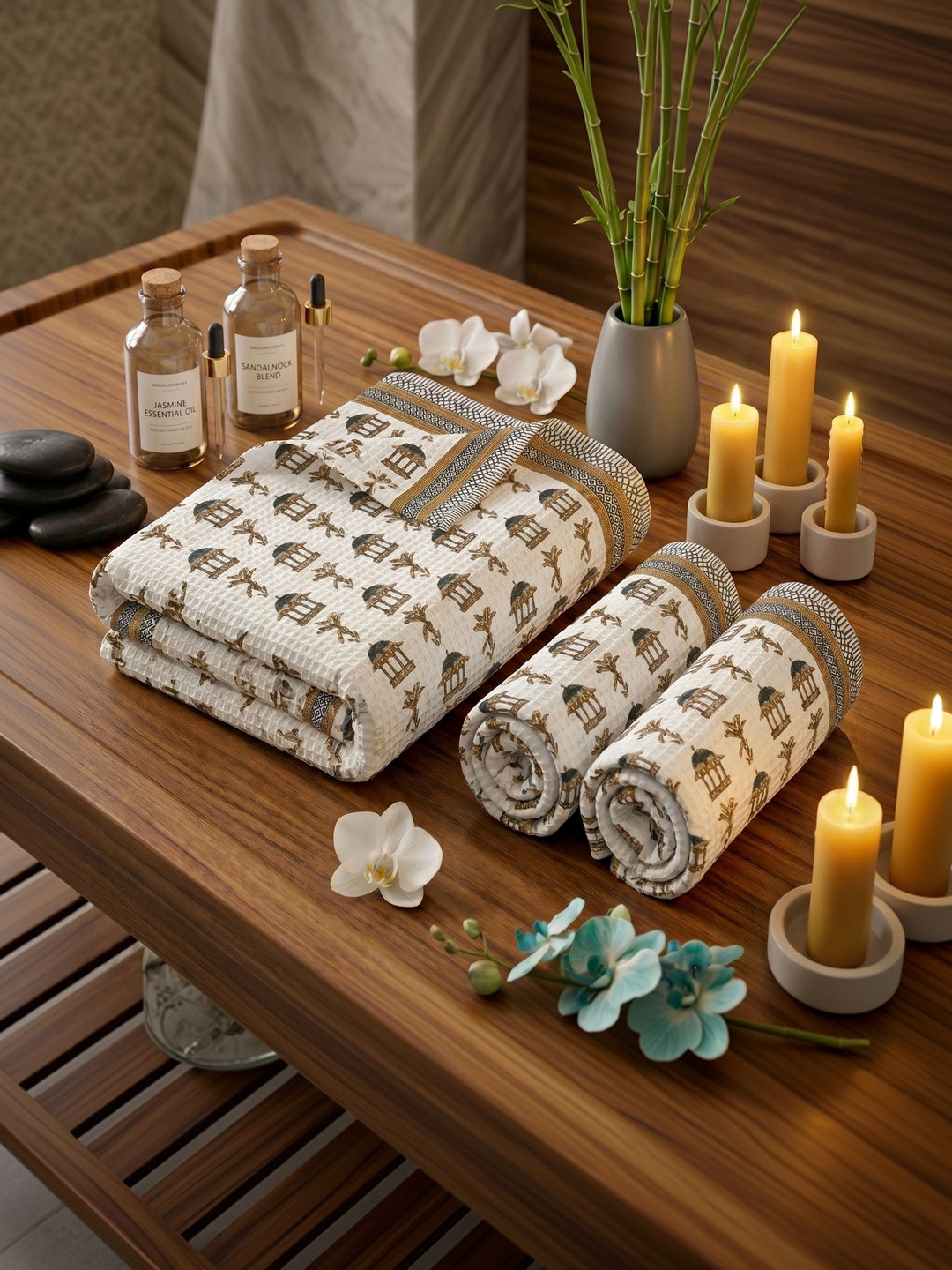 MAFATLAL White & Brown 3 Piece Printed Cotton 250 GSM Towel Set