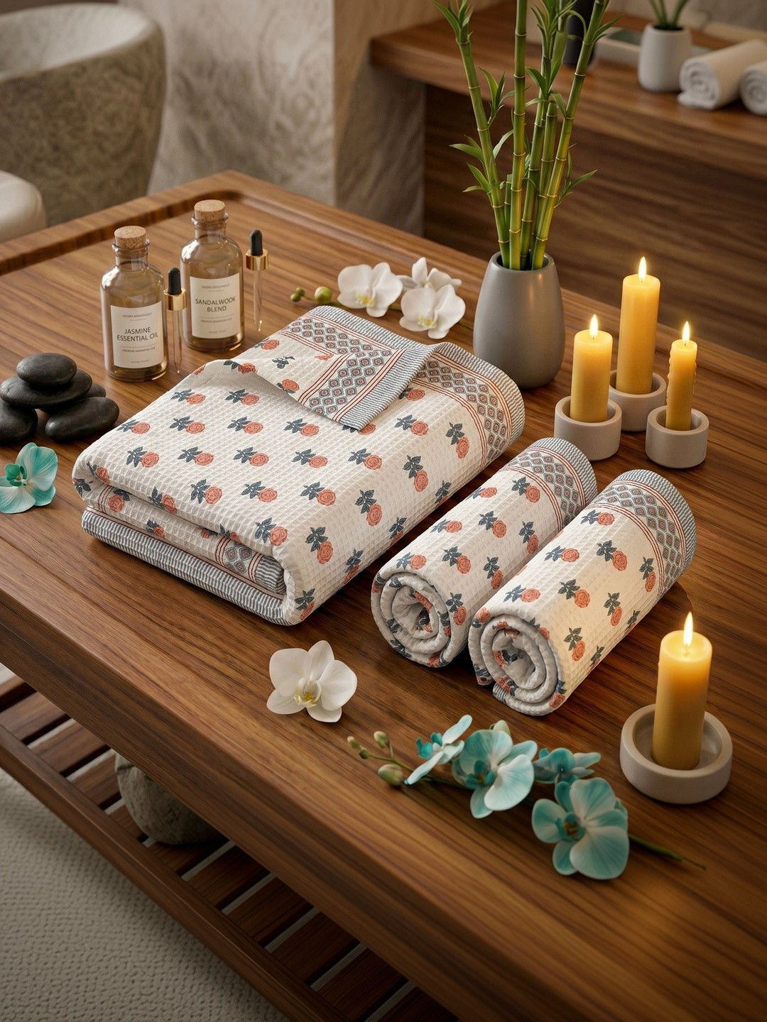 MAFATLAL White & Peach-Coloured 3 Piece Printed Cotton 250 GSM Towel Set