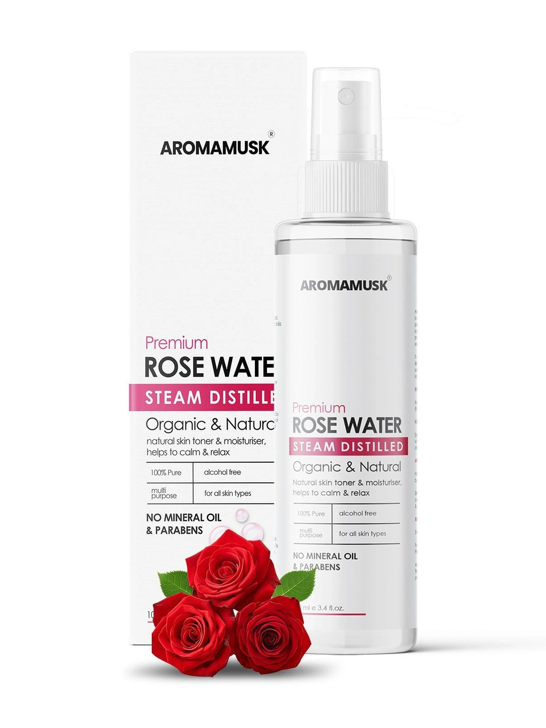 Aromamusk 100% Organic & Natural Premium Rose Water For Face & Skin 100ml