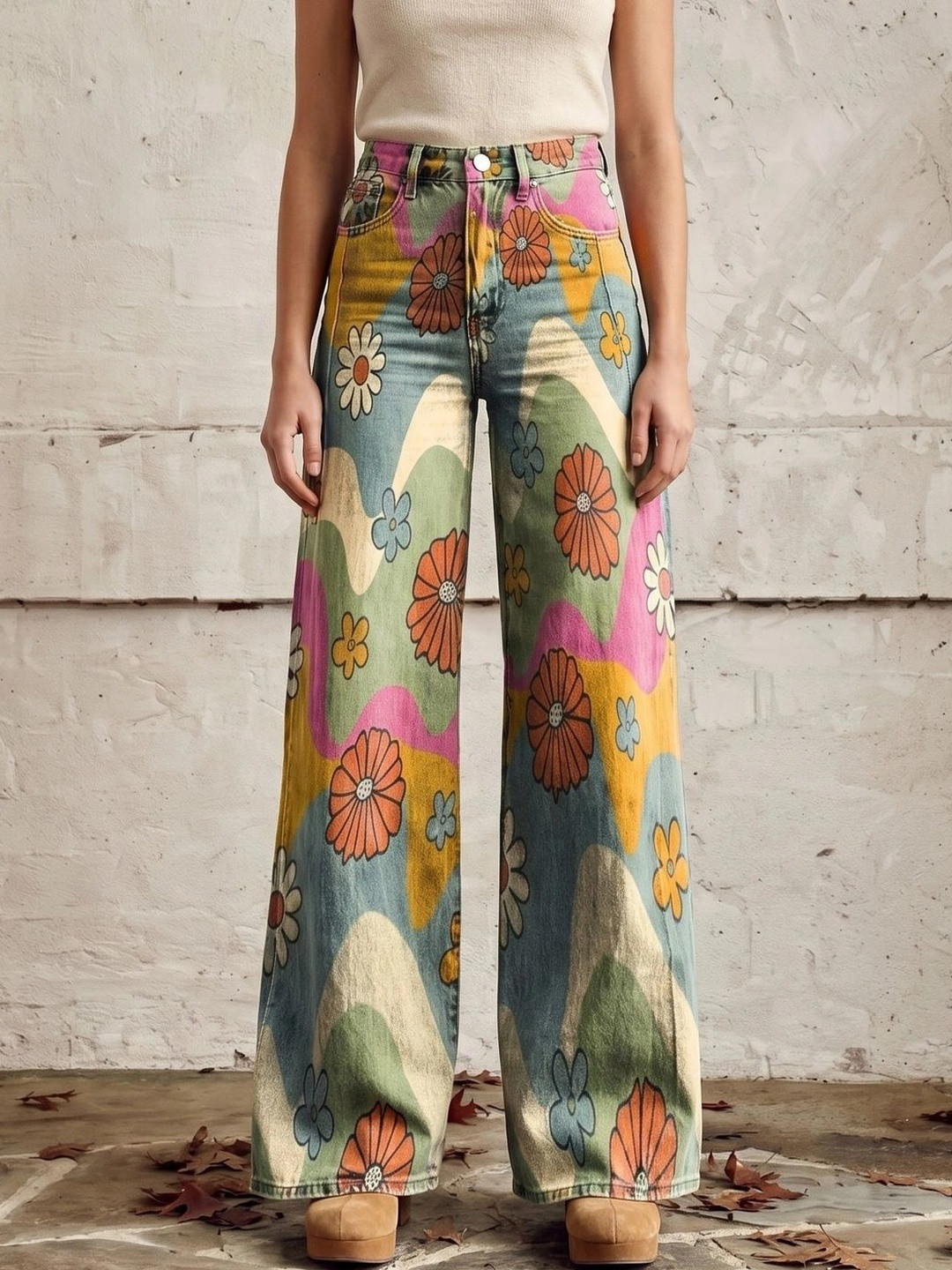 StyleCast x Revolte Women Wide Leg Mid-Rise Heavy Fade Printed Jeans