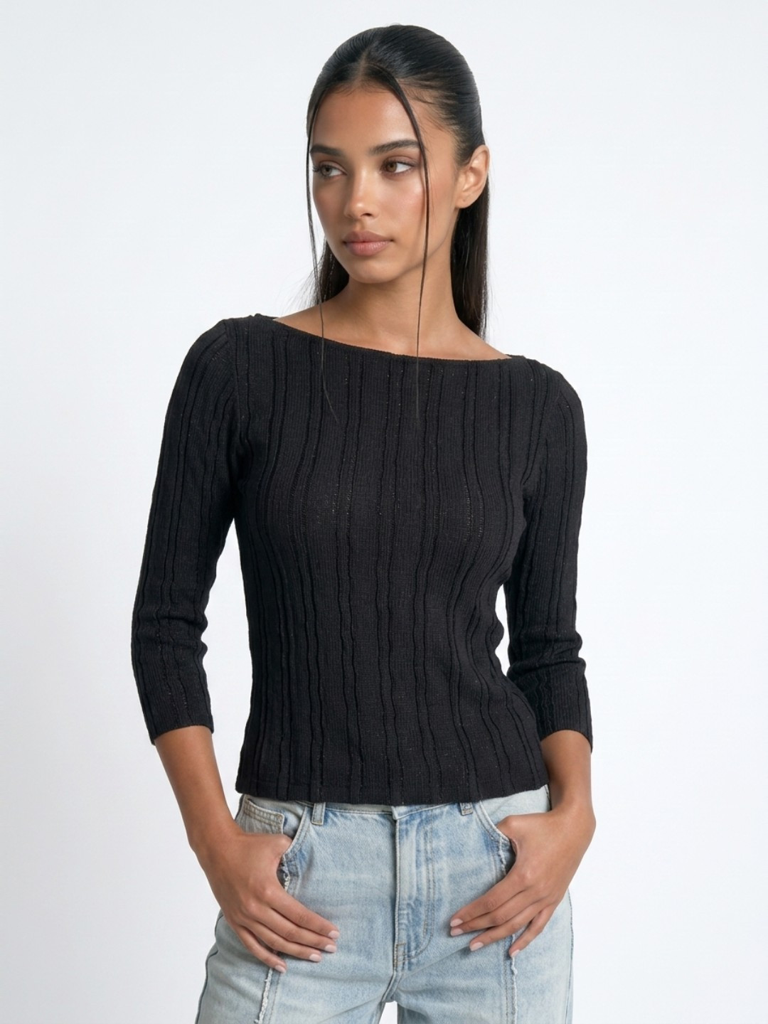 Black Boat Neck Textured Fitted Top