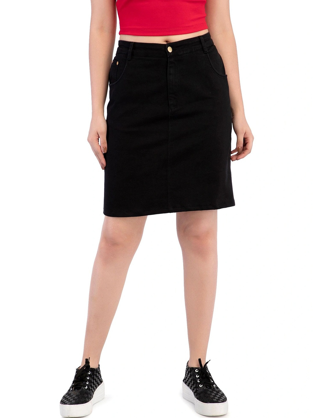 Peptrends Women Denim Knee Length Straight Skirt