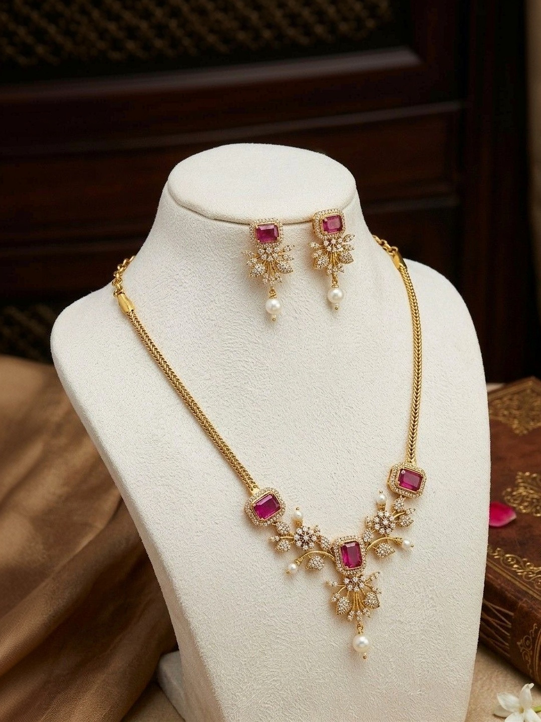 Avirah Pearls Gold-Plated Cubic Zirconia Necklace and Earrings