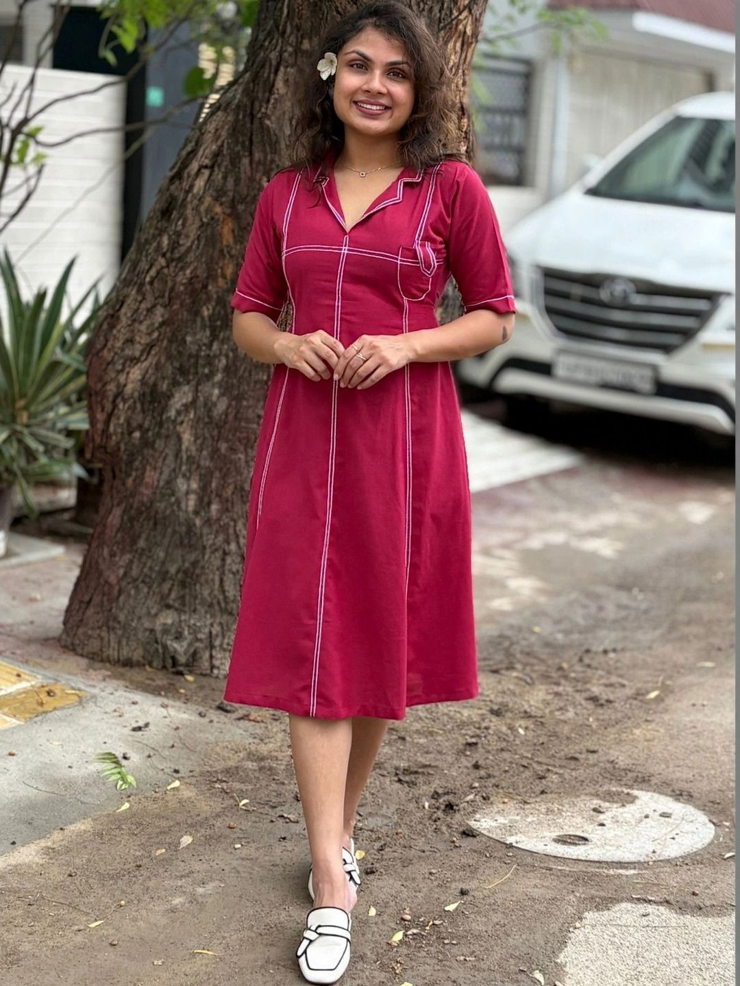 Niyatee Embroidered A-Line Cotton Mulberry Muse Midi Dress