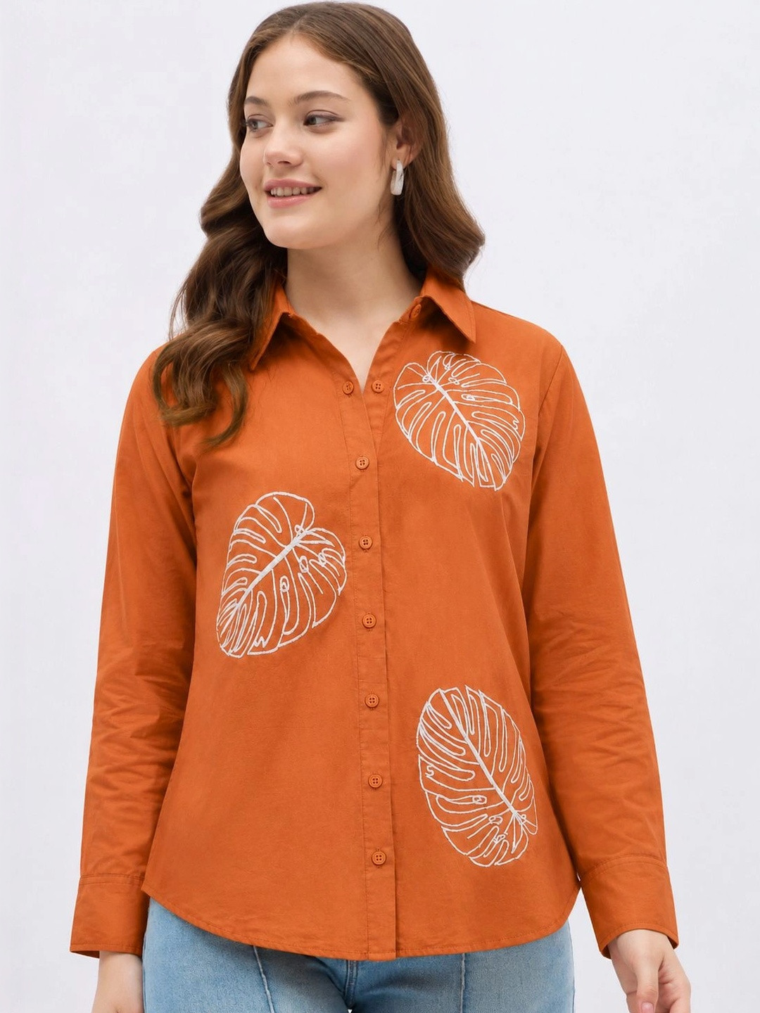 BEVOLKEN Women Rust Orange Cotton White Leaf Embroidered Regular Fit Shirt