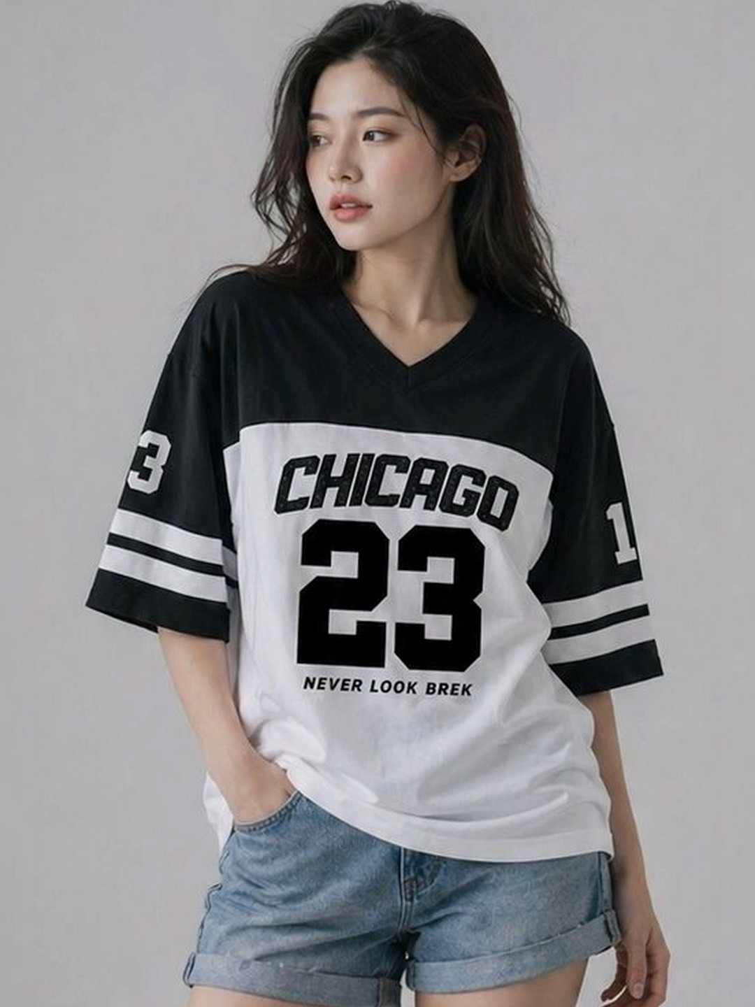 Bounce Back Apparels Women Typography Colourblocked V-Neck T-shirt