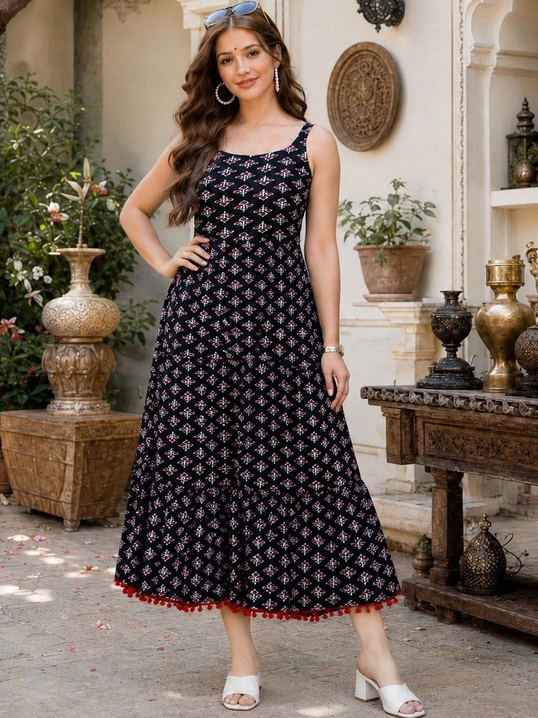 LIAPARO Ethnic Motifs Print Ruffled A-Line Midi Dress