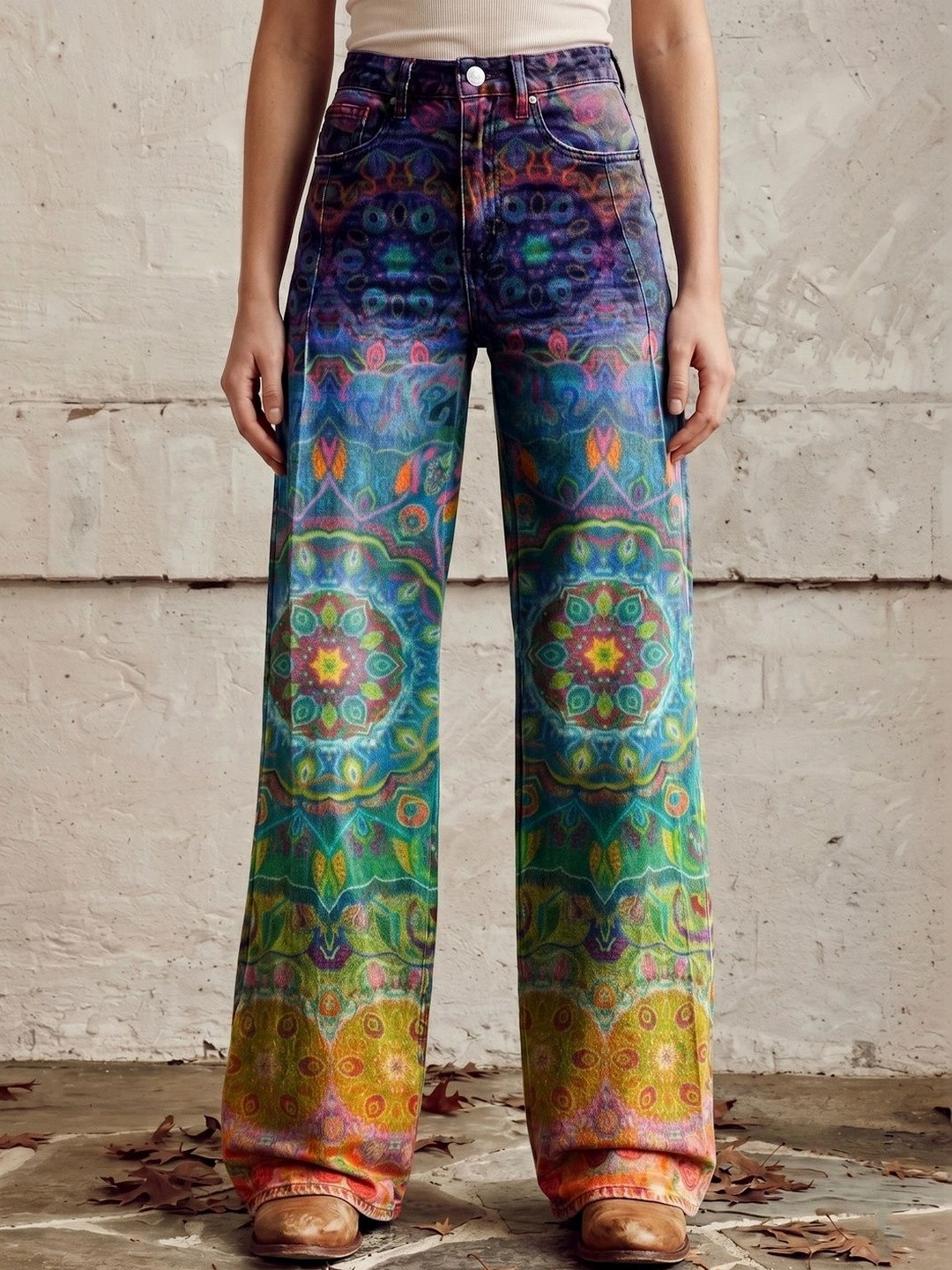 StyleCast x Revolte Women Wide Leg Mid-Rise Heavy Fade Printed Jeans