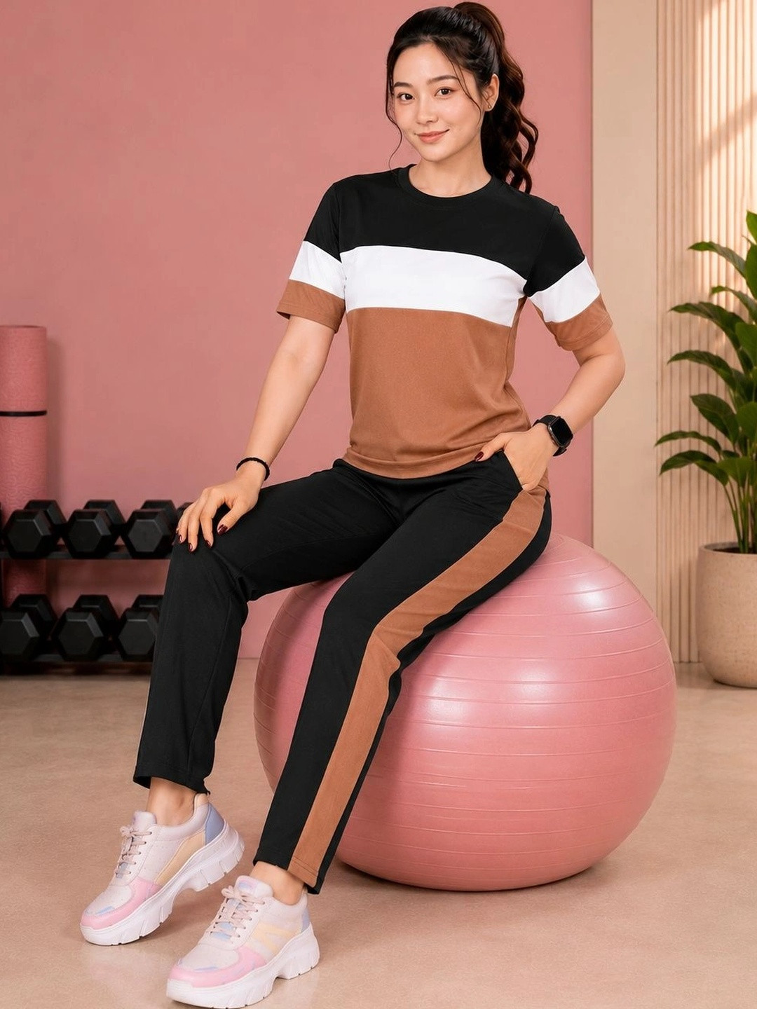 SAKARMAA Colourblocked Round Neck T-Shirt With Trousers Co-Ords