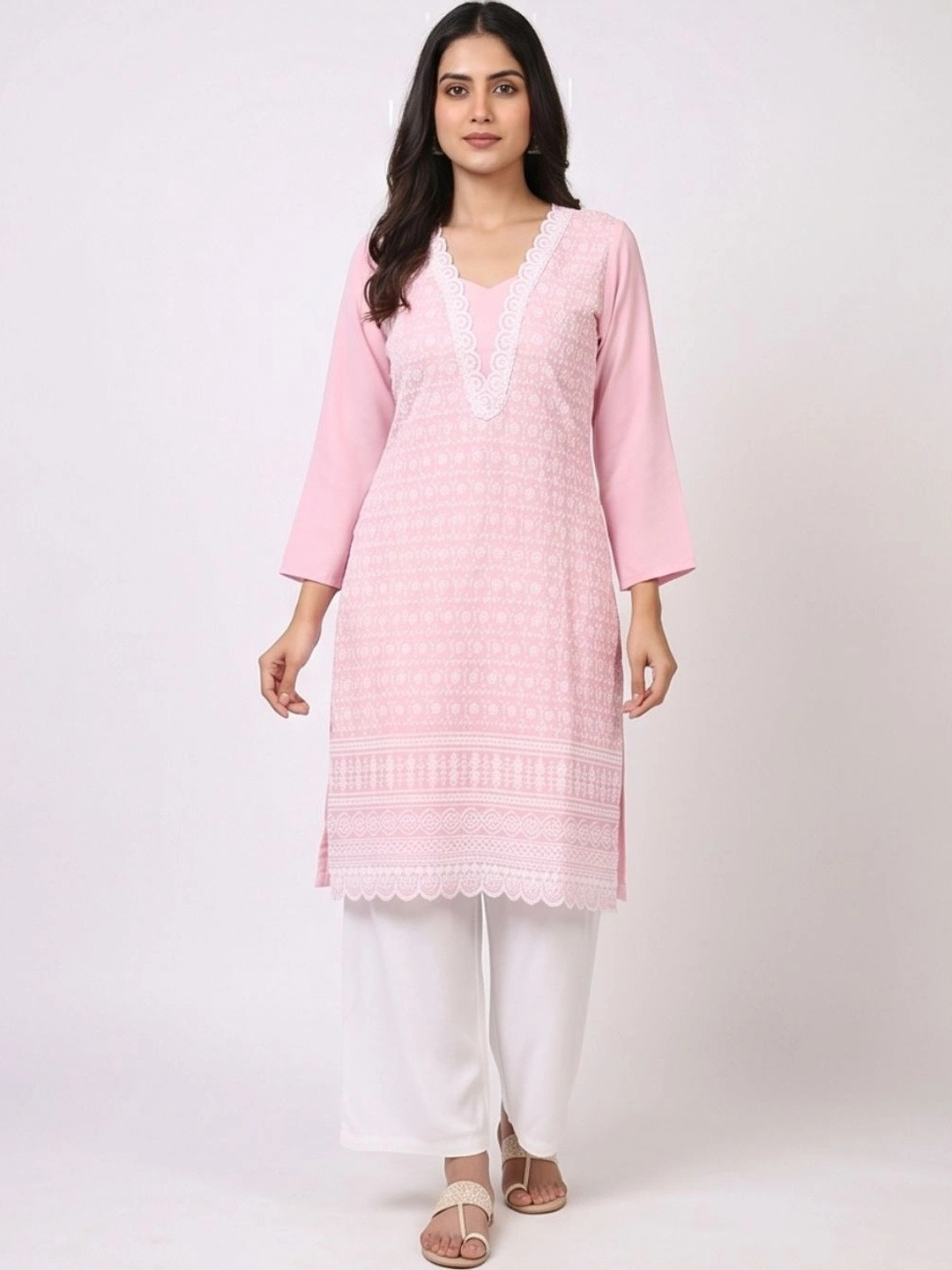 LIMEROAD Ethnic Motifs Embroidered V-Neck Chikankari Chikankari Kurti