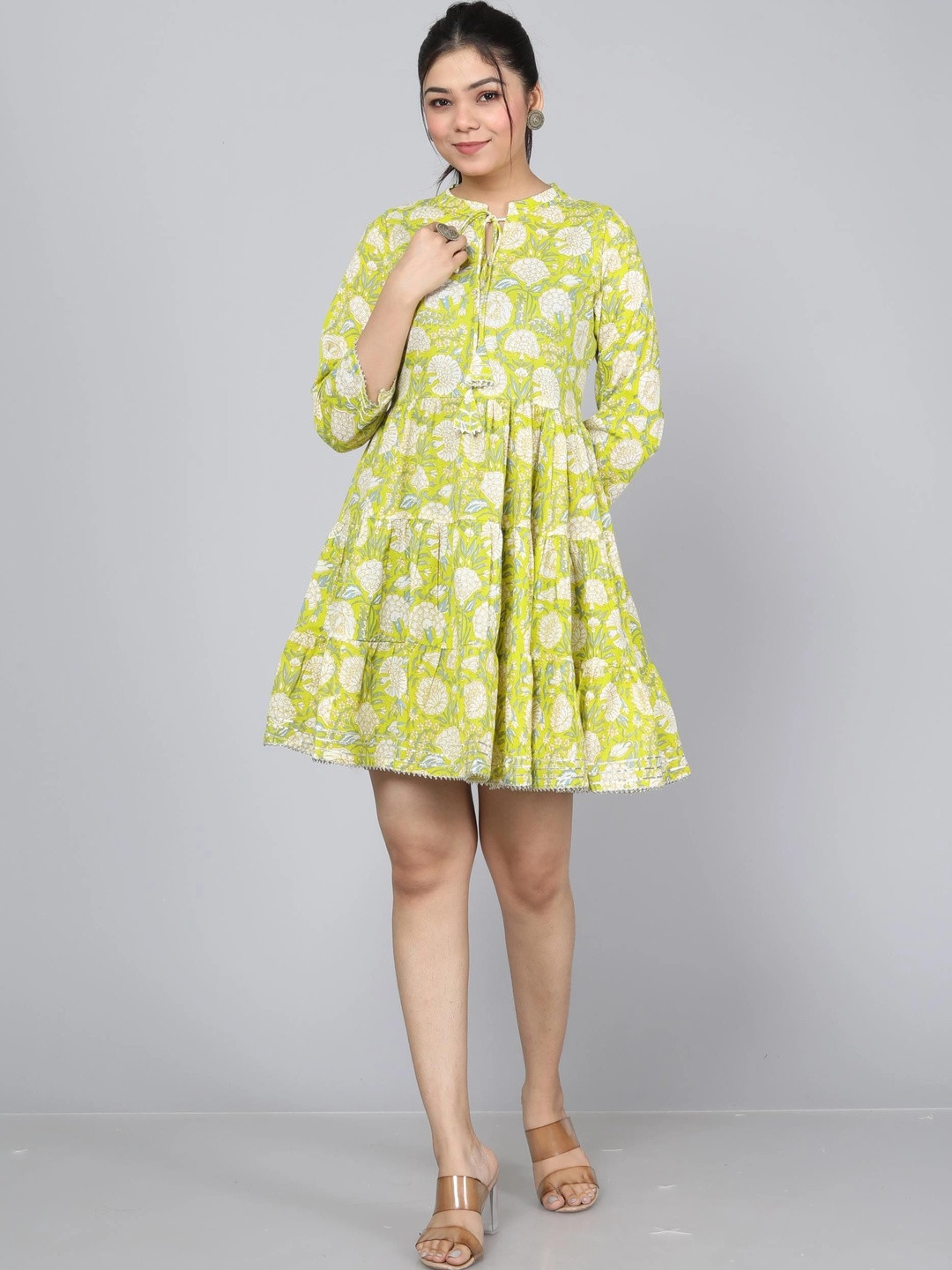 Floral Print Tie-Up Neck Applique Fit & Flare Dress 8