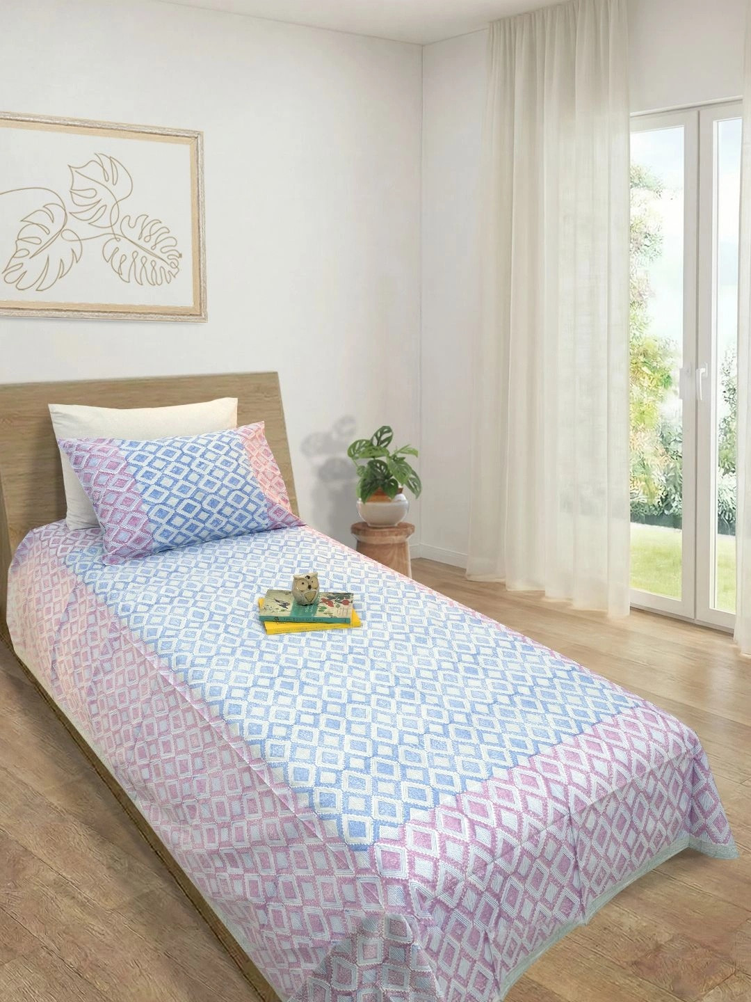 TOAI Purple & Pink Geometric 300 TC Single Bedsheet with 1 Pillow Covers