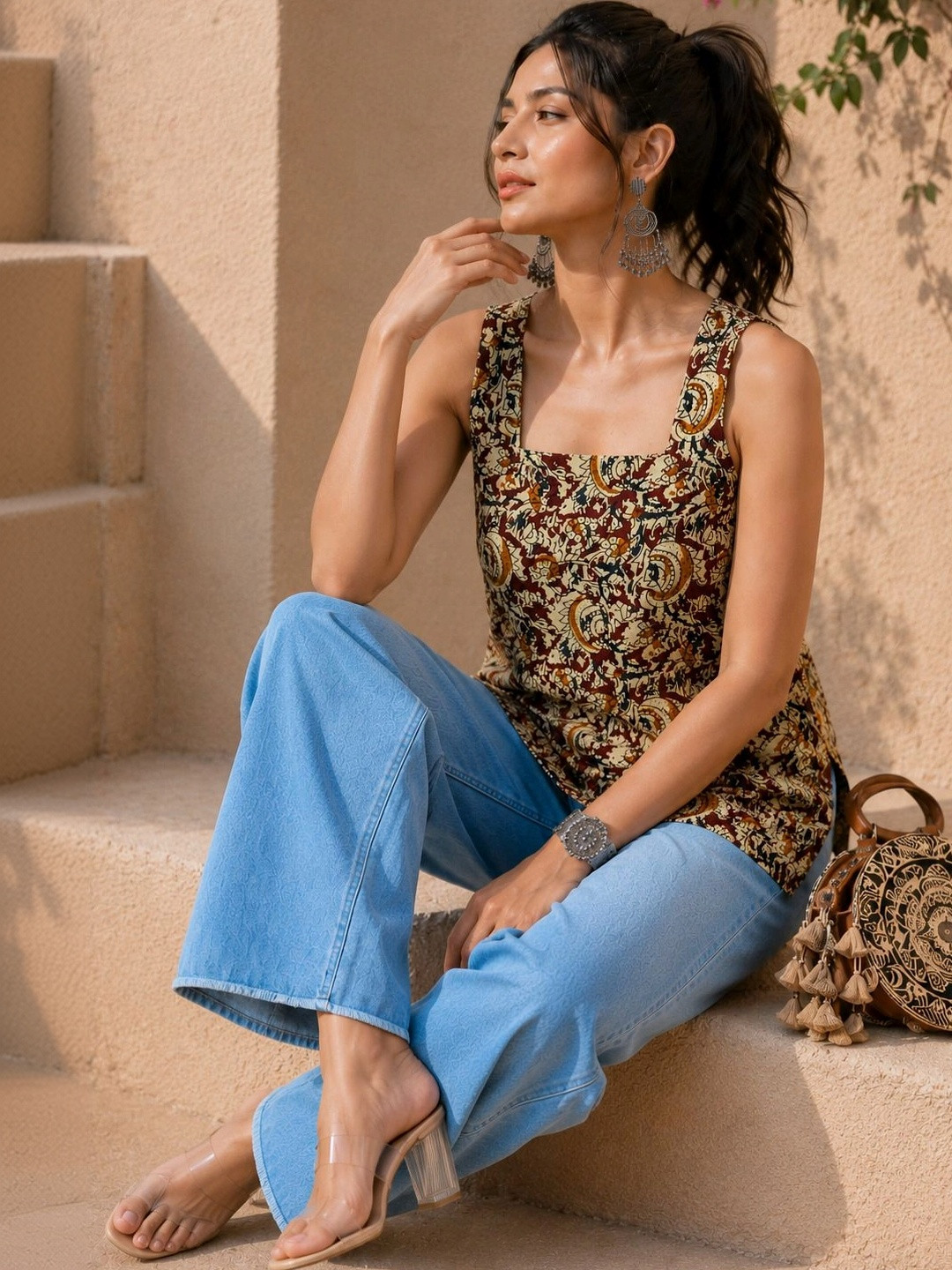 Anouk Ethnic Motifs Printed Square Neck Pure Cotton Kurti