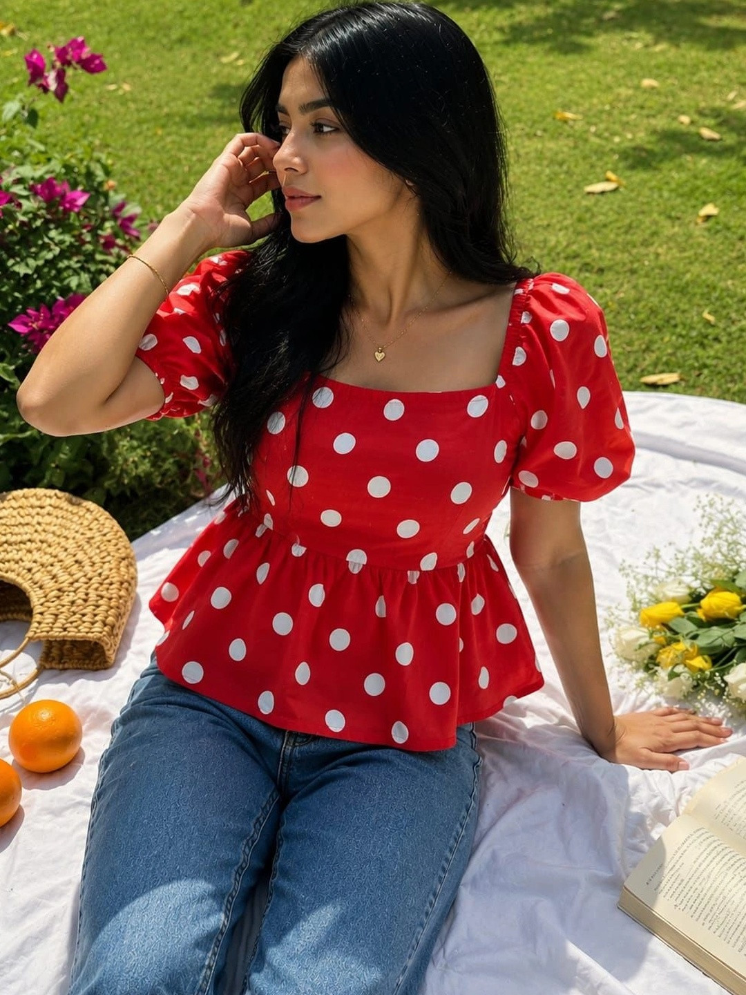 God Bless Polka Dot Print Puff Sleeve Cotton Blend Peplum Top