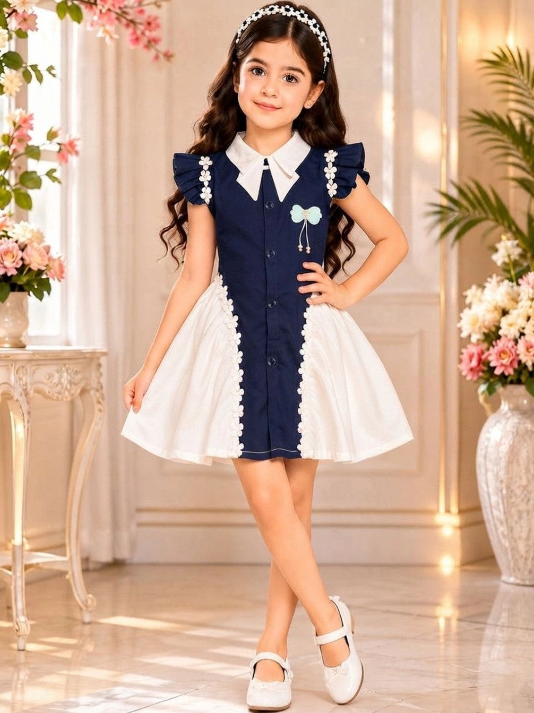 SARDAR DRESSES Colourblocked Puff Sleeve Ruffled A-Line Dress