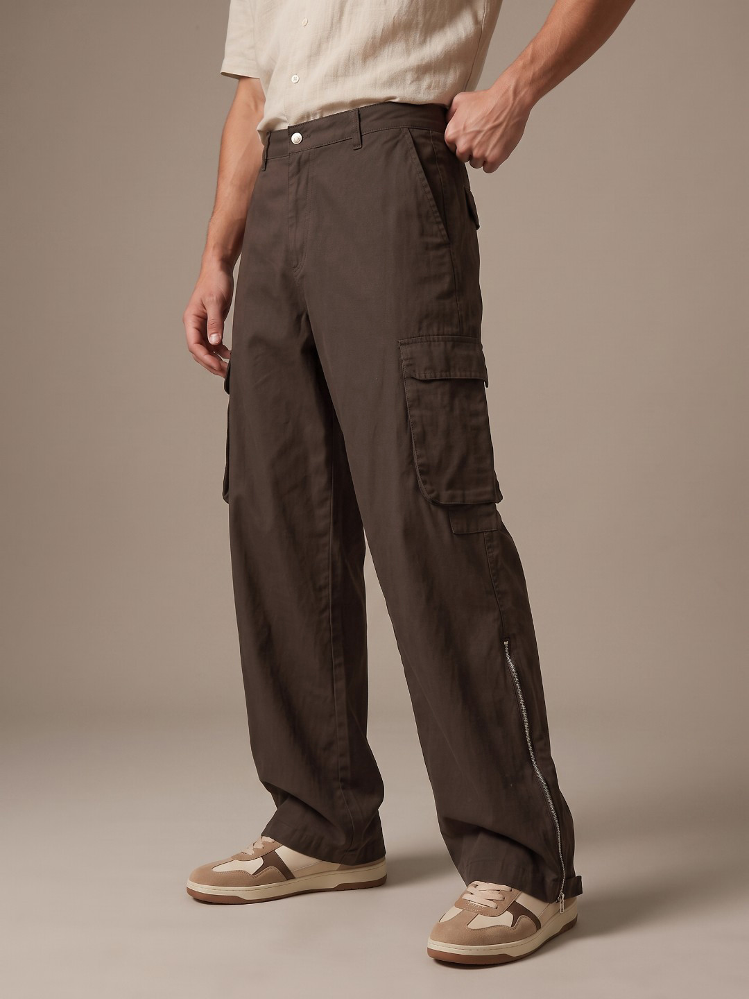 glitchez Men Pure Cotton Baggy Fit Zip Detail Chinos Trousers