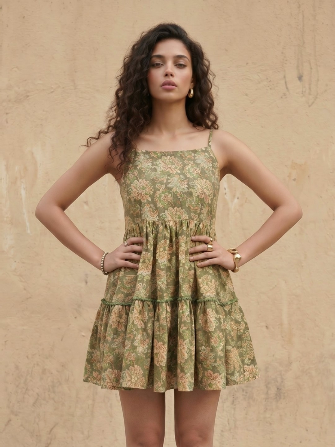 fusion by glitchez Floral Printed Shoulder Straps Tiered Fit & Flare Mini Dress