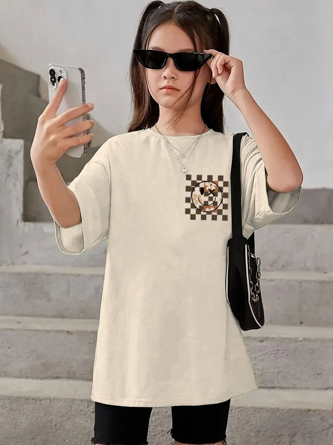 KEESOR Girls Printed Drop-Shoulder Sleeves T-shirt