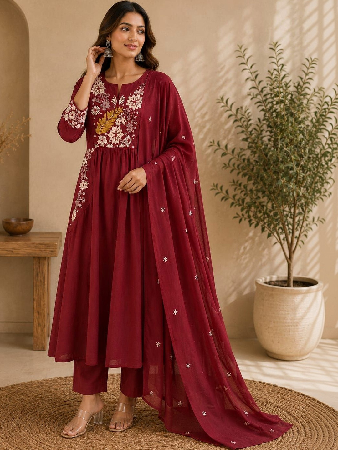 Sangria Women Floral Embroidered Empire Thread Work Pure Cotton Kurta with Trousers & With Dupatta