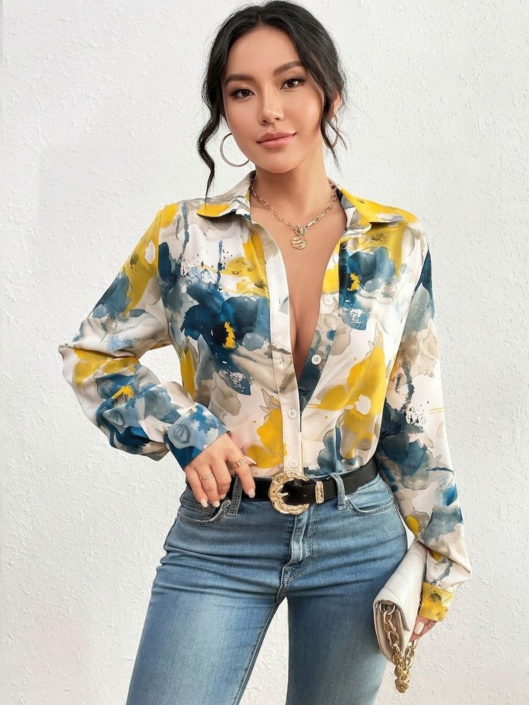 Stylecast X Slyck Floral Printed Cutaway Collar Drop-Shoulder Sleeves Shirt