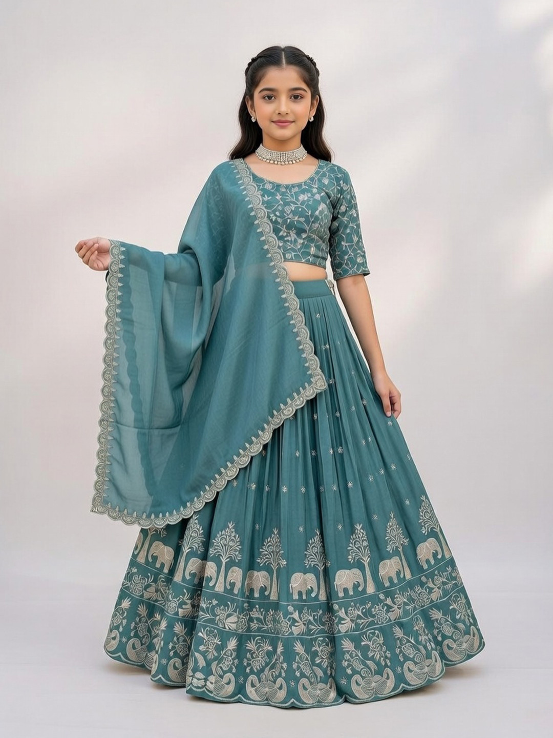 Closin Girls Embroidered Thread Work Ready to Wear Lehenga & Blouse With Dupatta