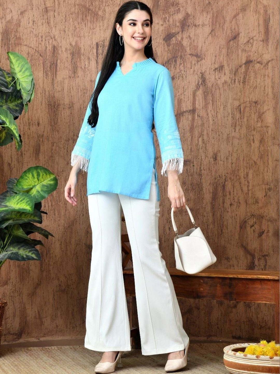 CRENOL THREADS Embroidered Mandarin Collar Fringed Sleeves Cotton kurtis