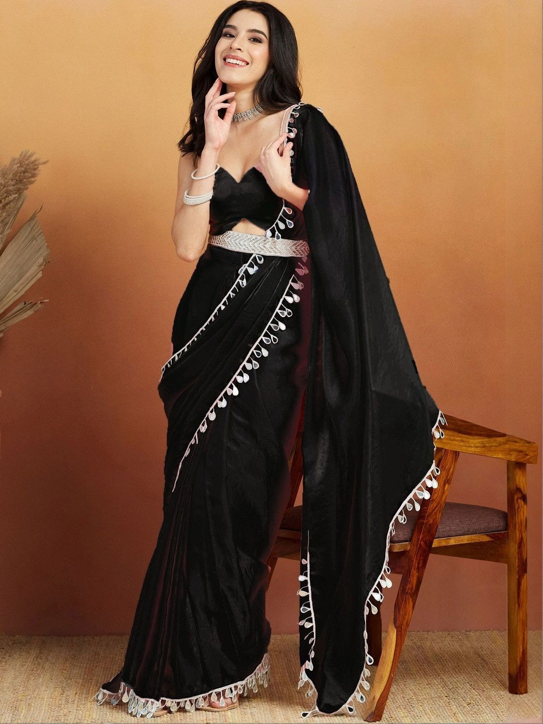 RACHNA Mirror Work Embellished Tissue Saree With Blouse