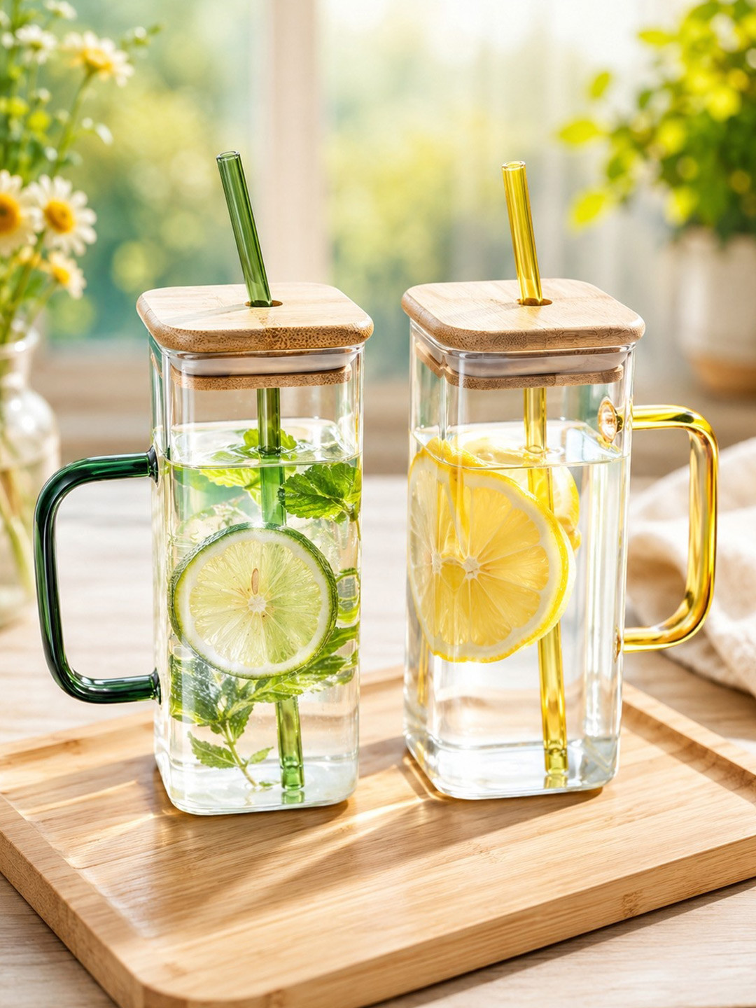 PrimeWorld Transparent & Green Set of 2 Glass Solid Water Bottle