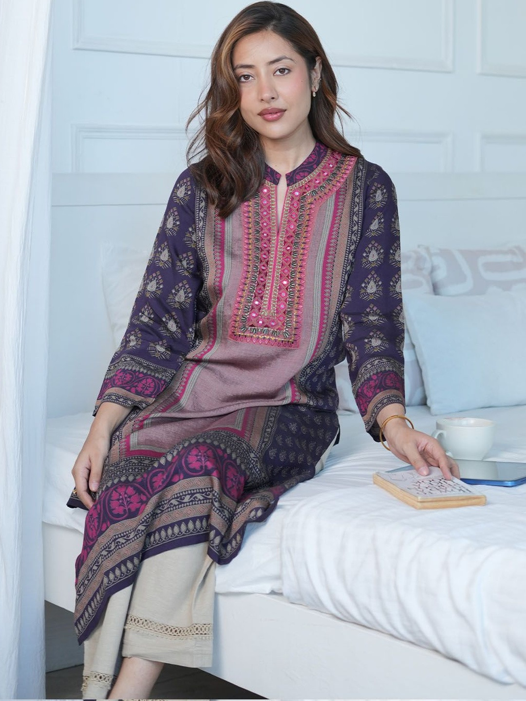Lakshita Thread Work Moor Ethnic Motifs Cotton Straight Calf Length Kurta