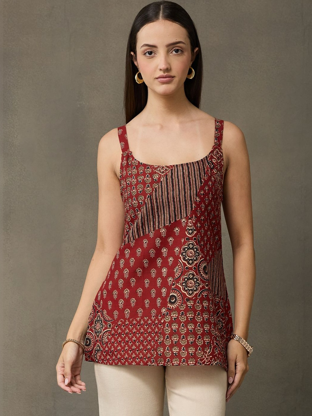 Navibhu Structured Ethnic Motifs Printed Pure Cotton Kurti