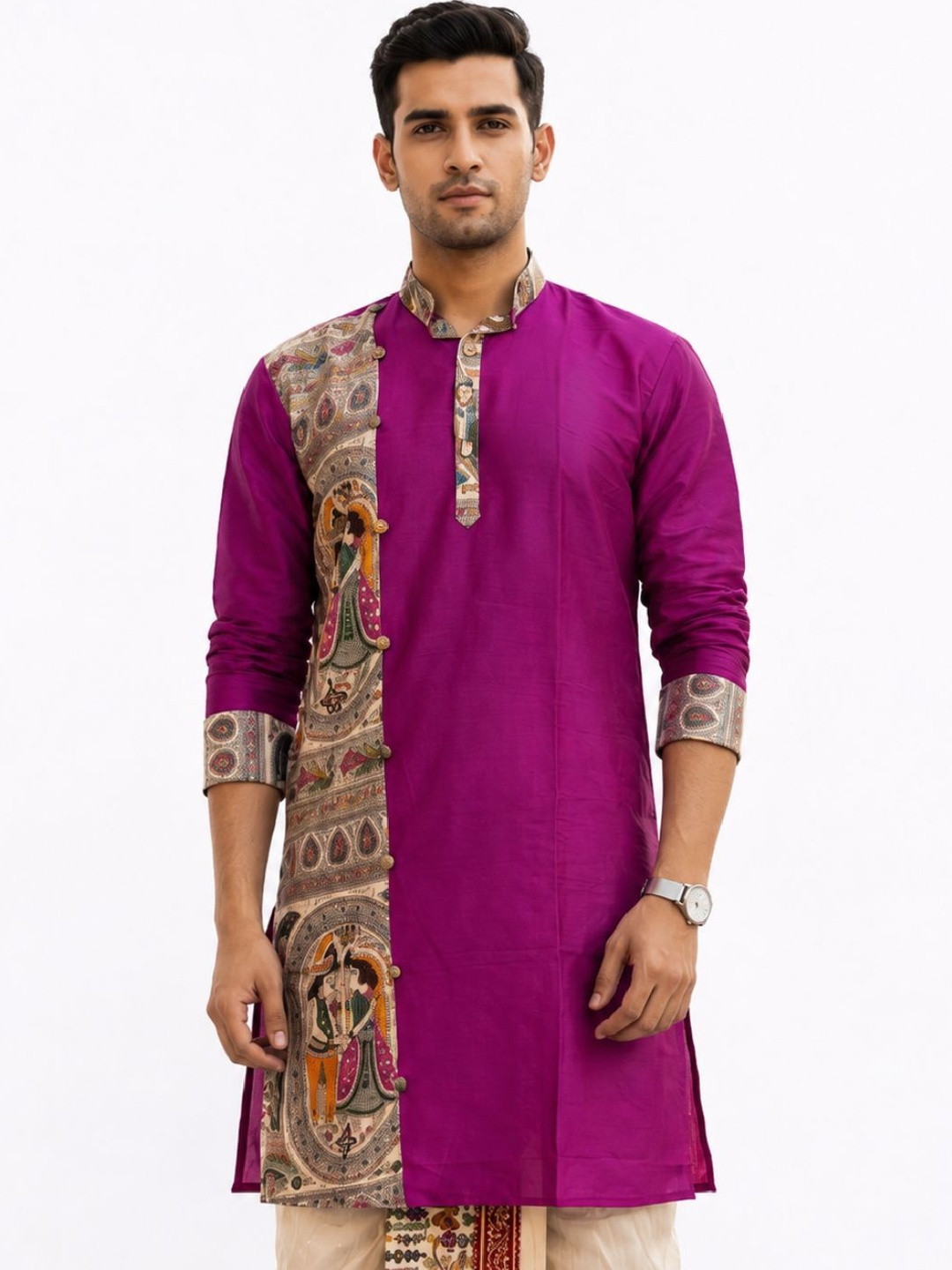 GOURI COLLECTIONS Men Madhubani Printed Khadi Silk straight Kurta