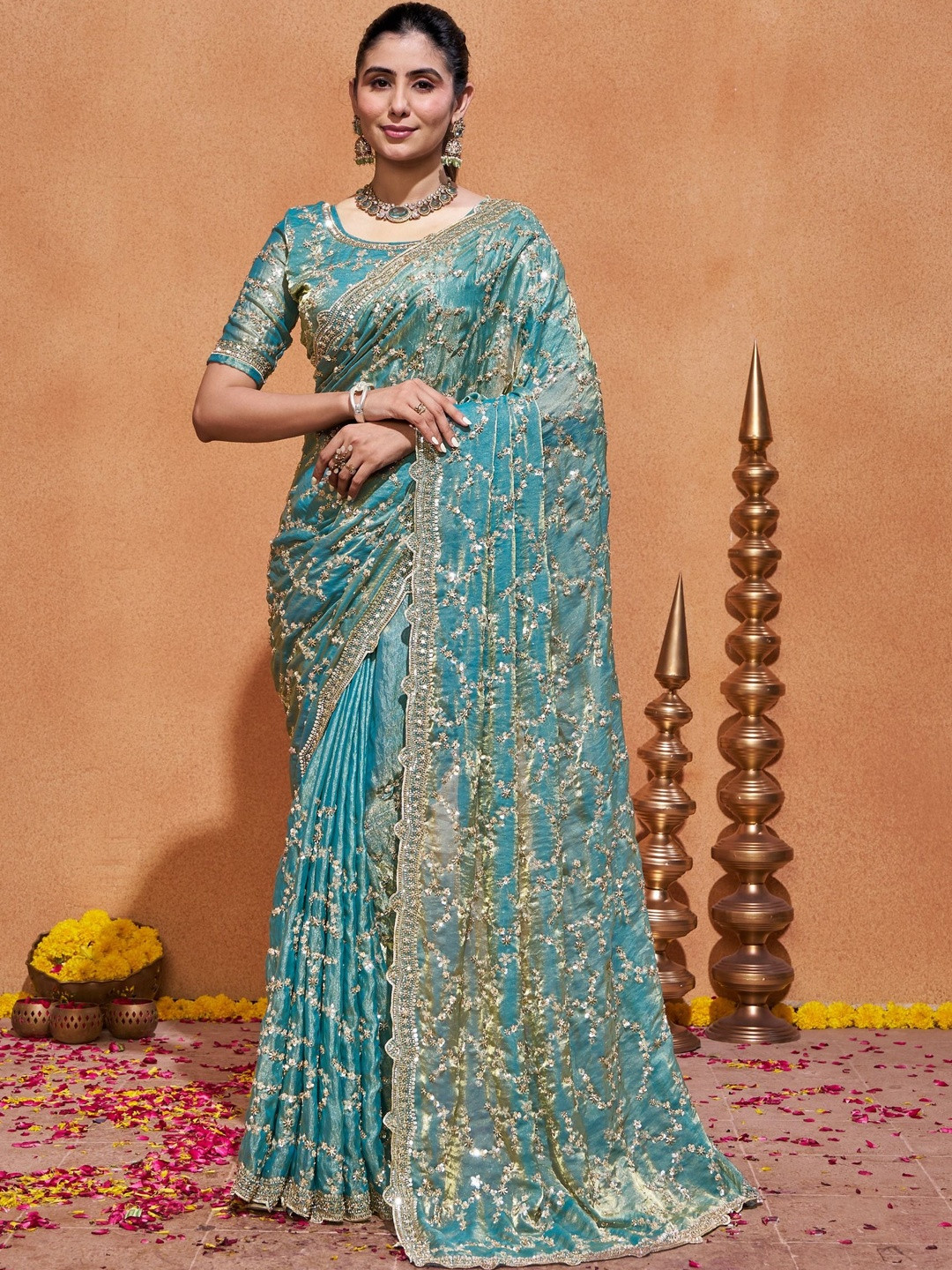 WEAROMA COUTURE Embellished Sequinned Satin Heavy Work Saree